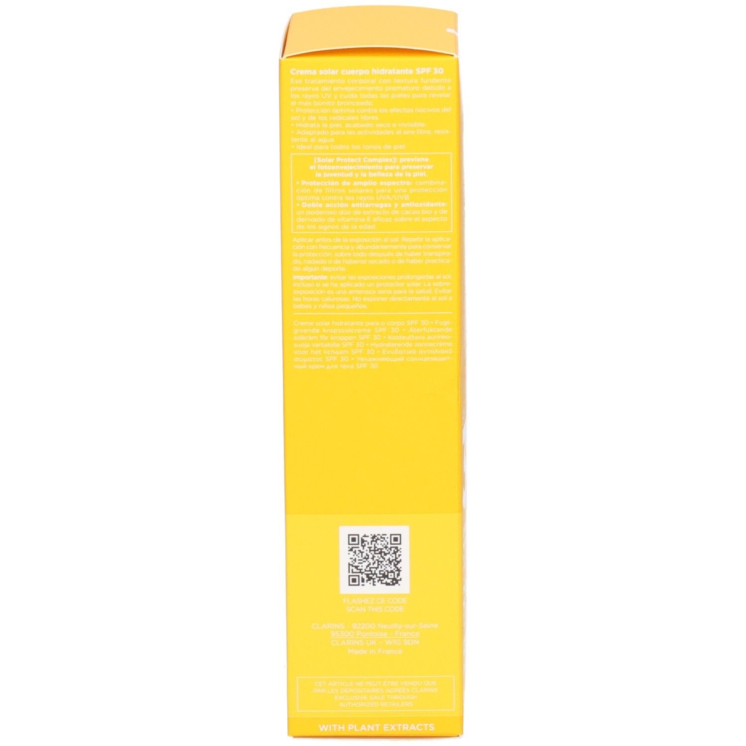 Seite der Clarins Sonnencreme Box mit detaillierten Produktinformationen.