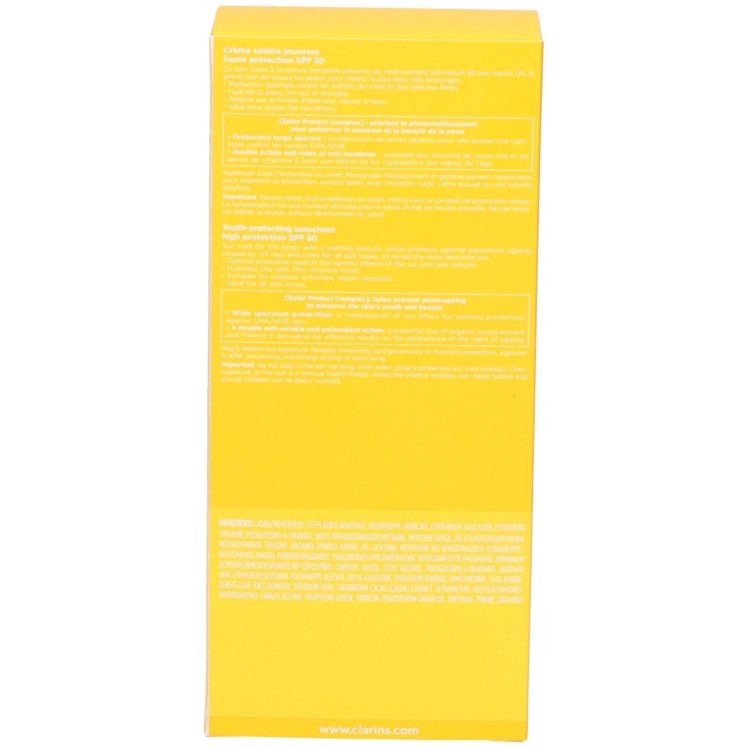Rückseite der Clarins Sonnencreme Box mit Produkttext und QR-Code.