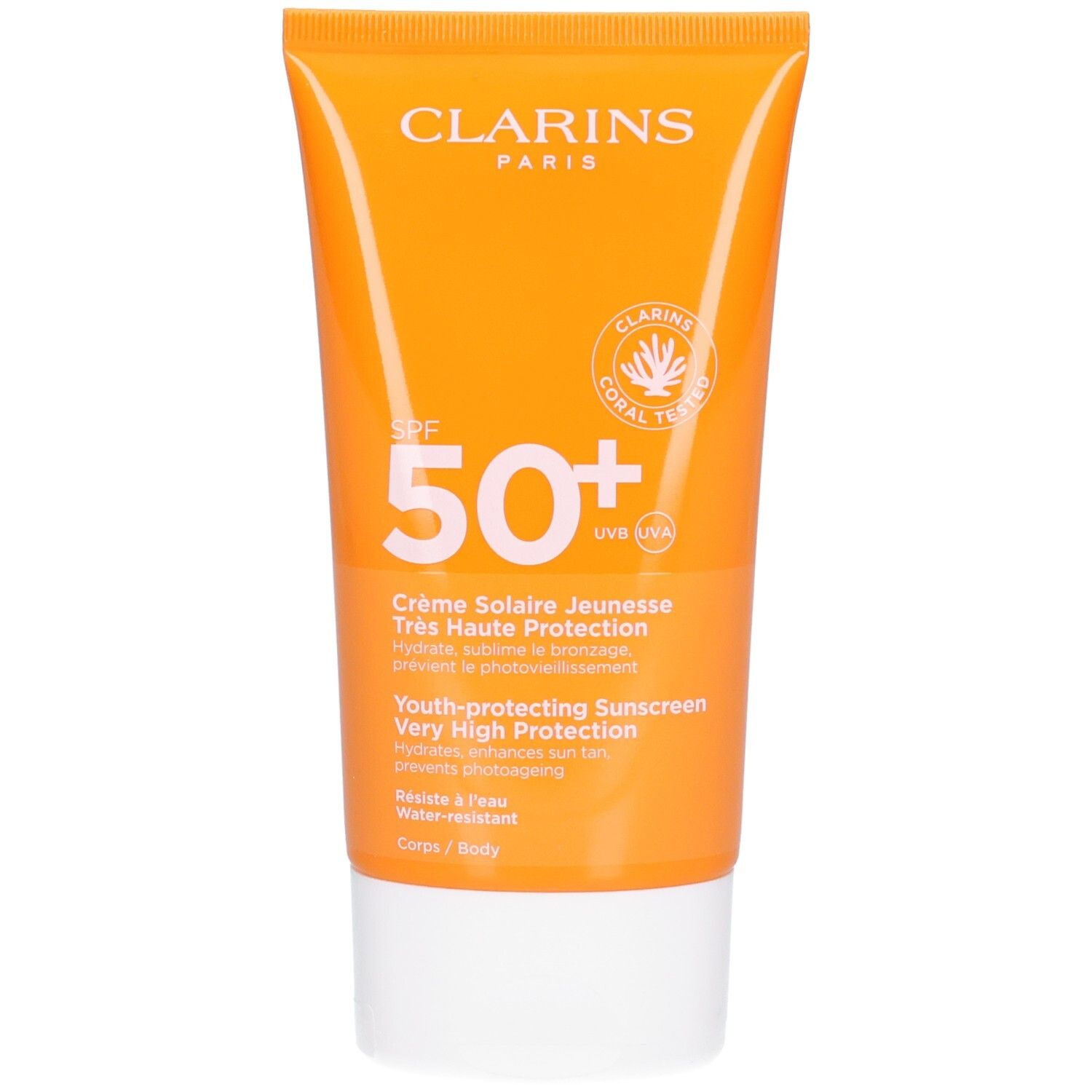 Clarins Sonnencreme mit LSF 50+ in orangefarbener Tube mit weißem Verschluss.