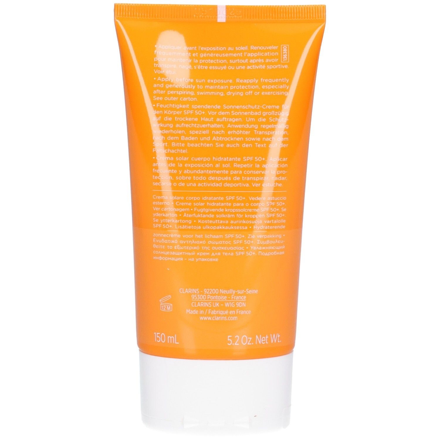 Rückseite einer Clarins Sonnencreme-Tube mit LSF 50+, 150 ml.