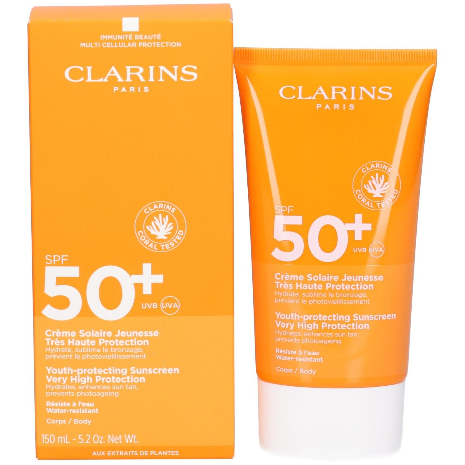 Clarins Sonnencreme LSF 50+ und ihre orangefarbene Verpackung.