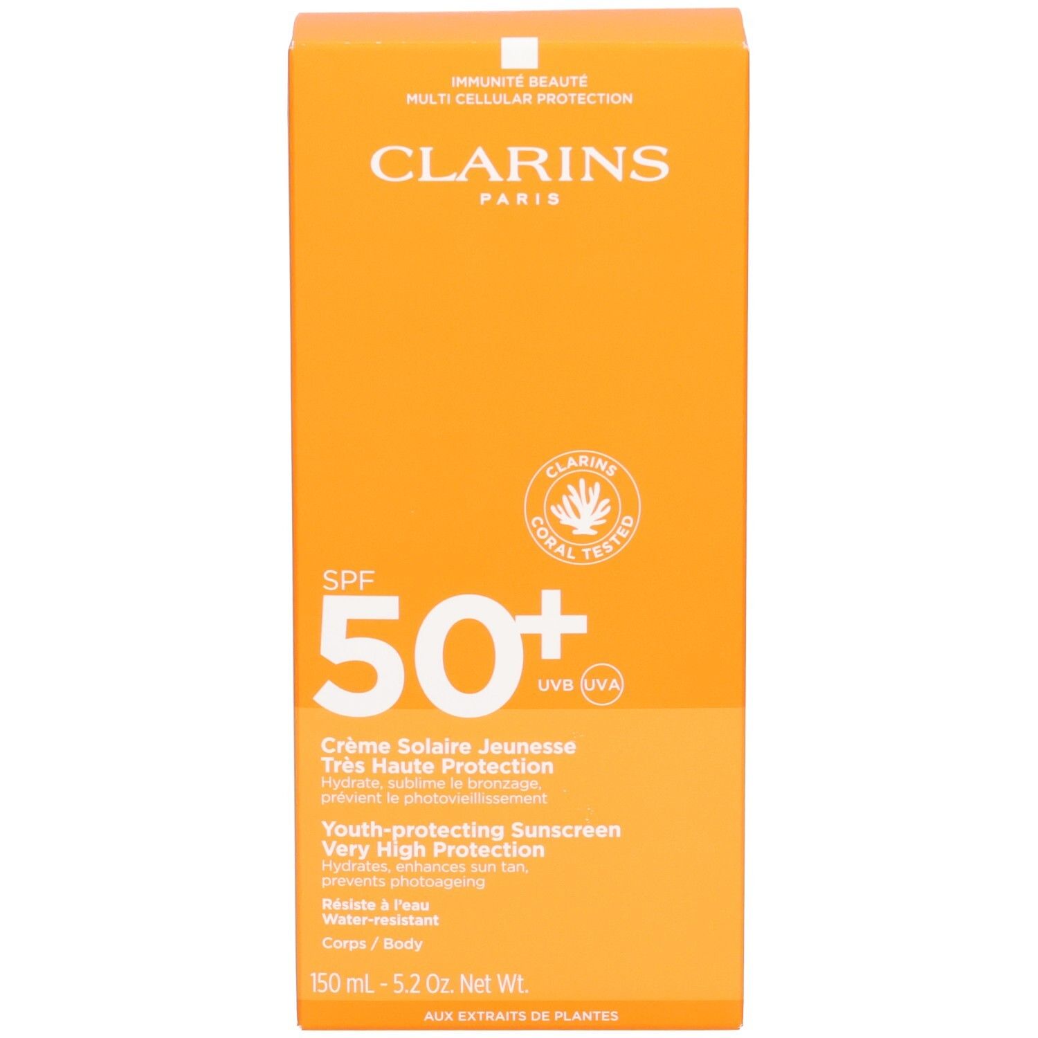 Orangefarbene Clarins Sonnencreme-Verpackung mit LSF 50+ Aufdruck.