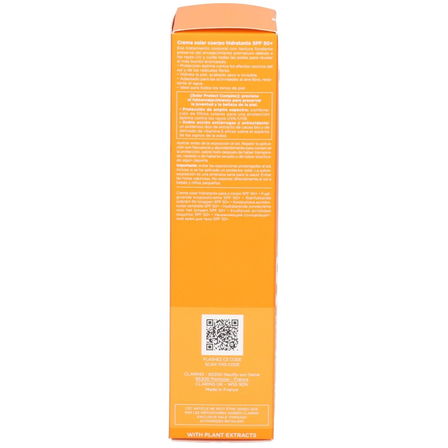 Seite der Clarins Sonnencreme-Verpackung mit Produktinformationen und QR-Code.