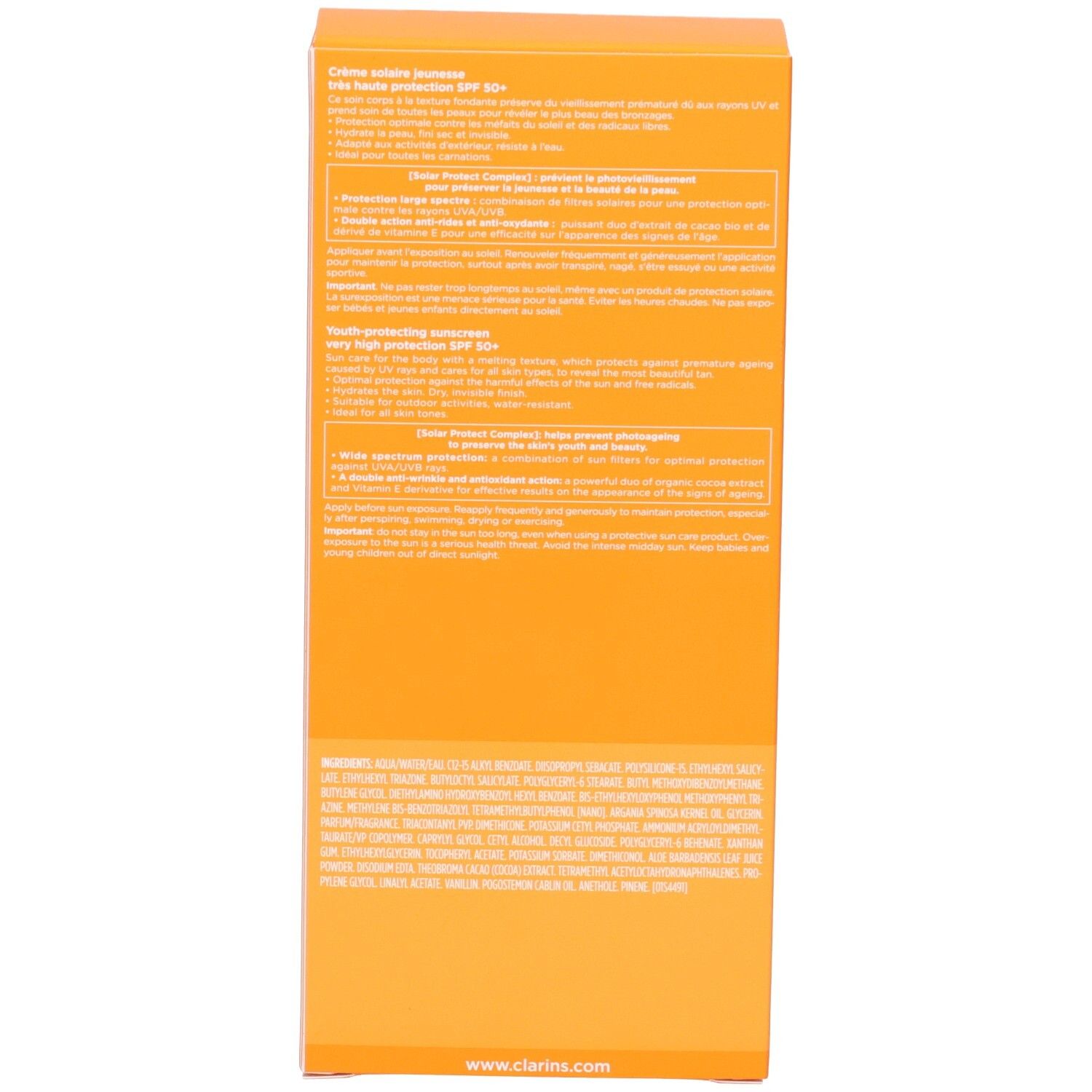 Rückseite der Clarins Sonnencreme-Verpackung mit detaillierten Produktinformationen.