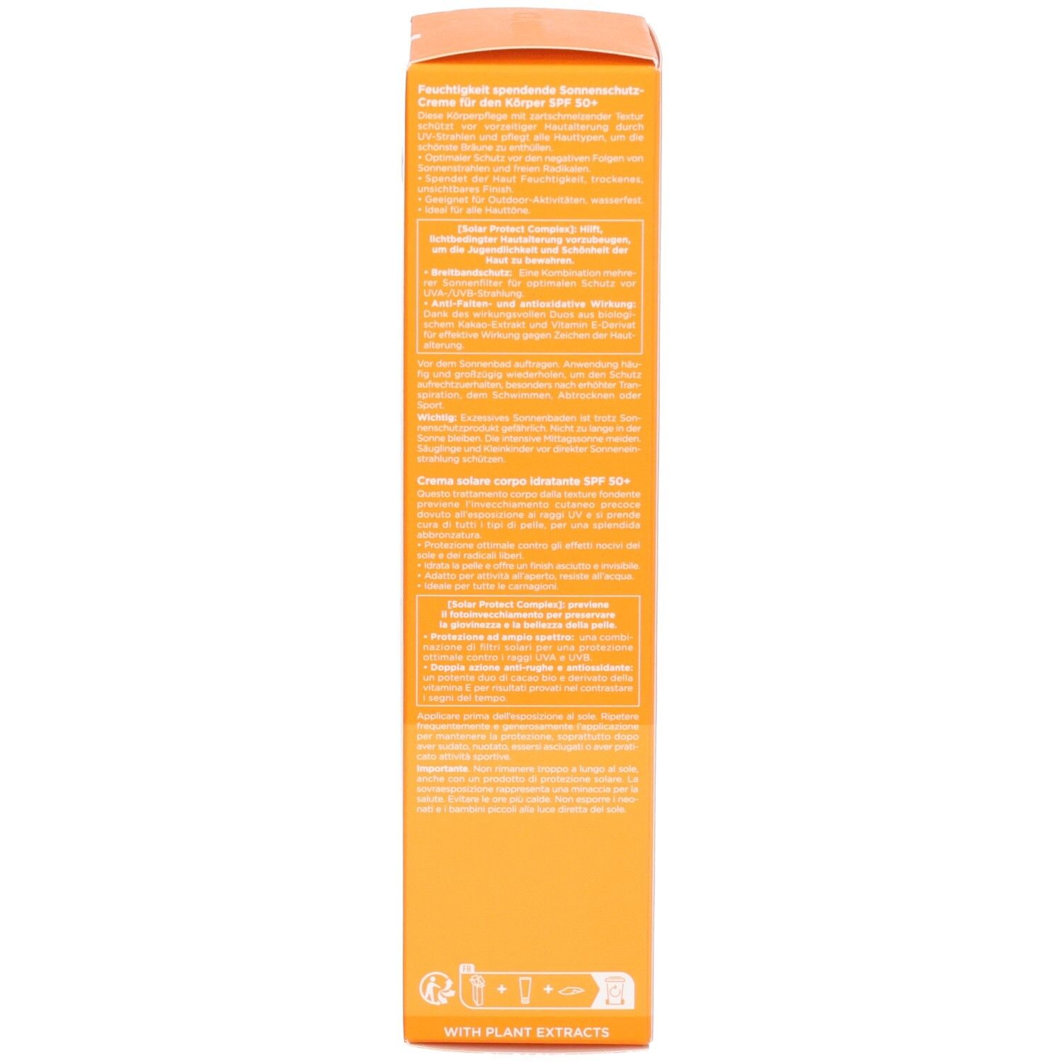 Seite der Clarins Sonnencreme-Verpackung mit Inhaltsstoffen und Pflanzenextrakten.