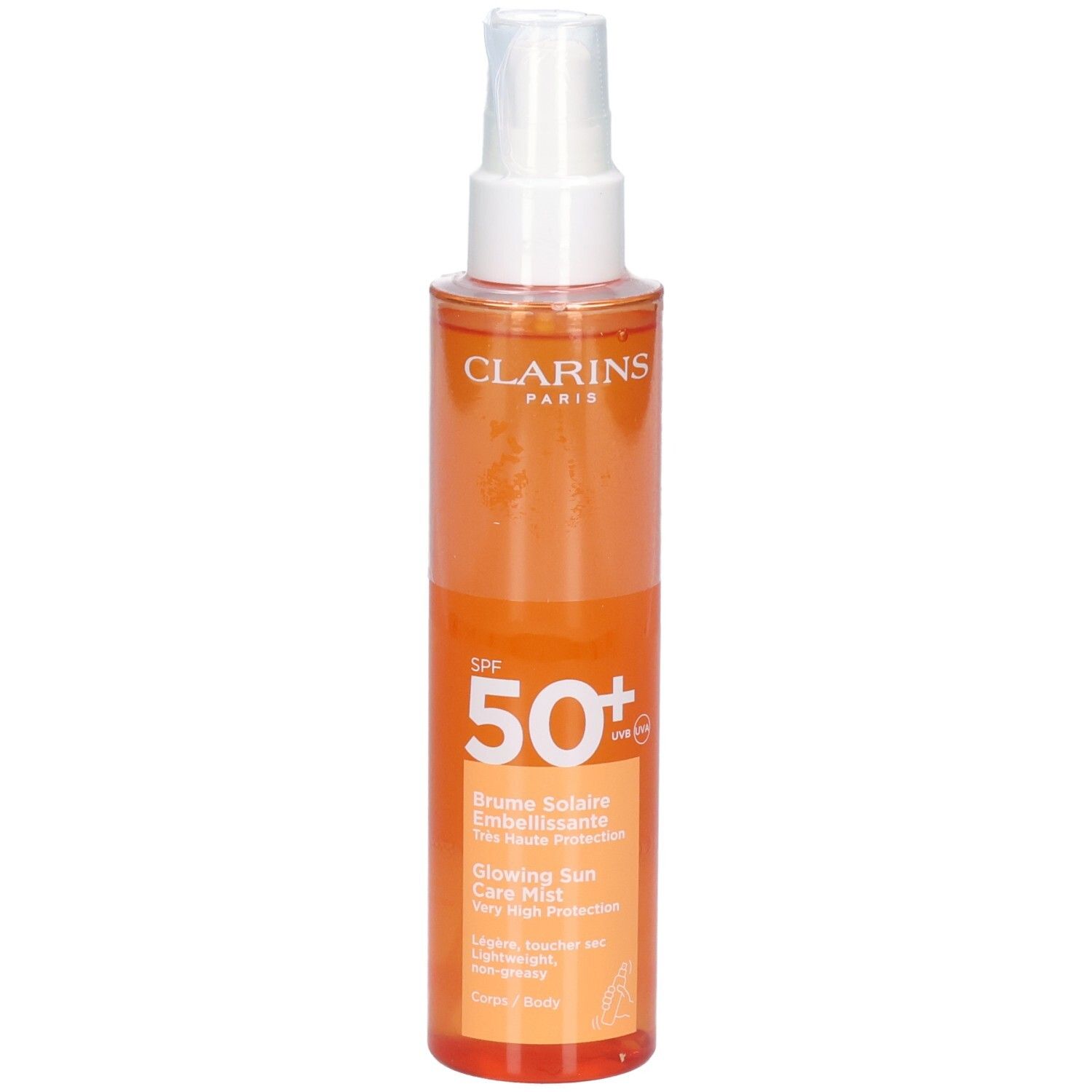 Clarins Sonnennebel SPF 50+ in orangefarbener Flasche mit weißem Sprühkopf.
