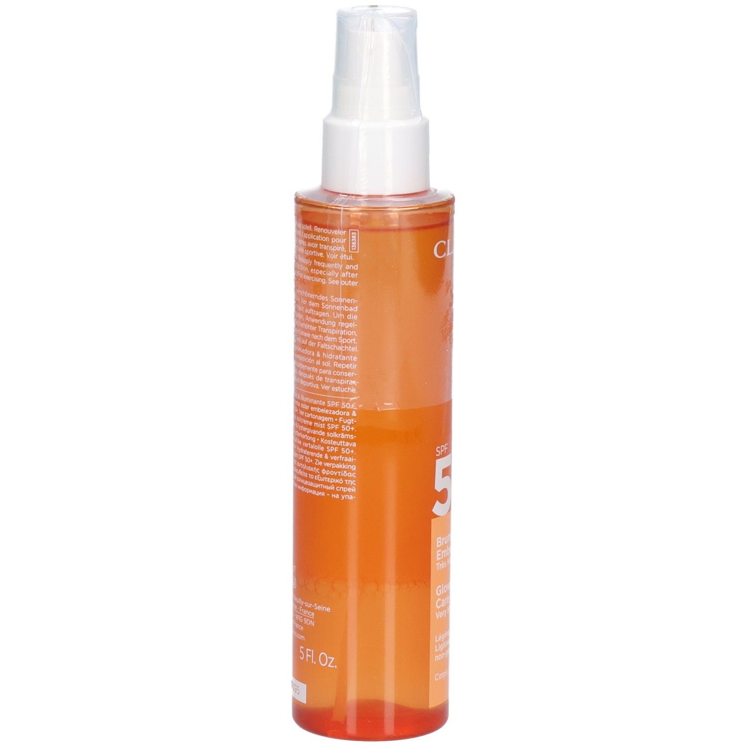 Rückseite einer Clarins Sonnennebel SPF 50+ Flasche mit Anwendungshinweisen.