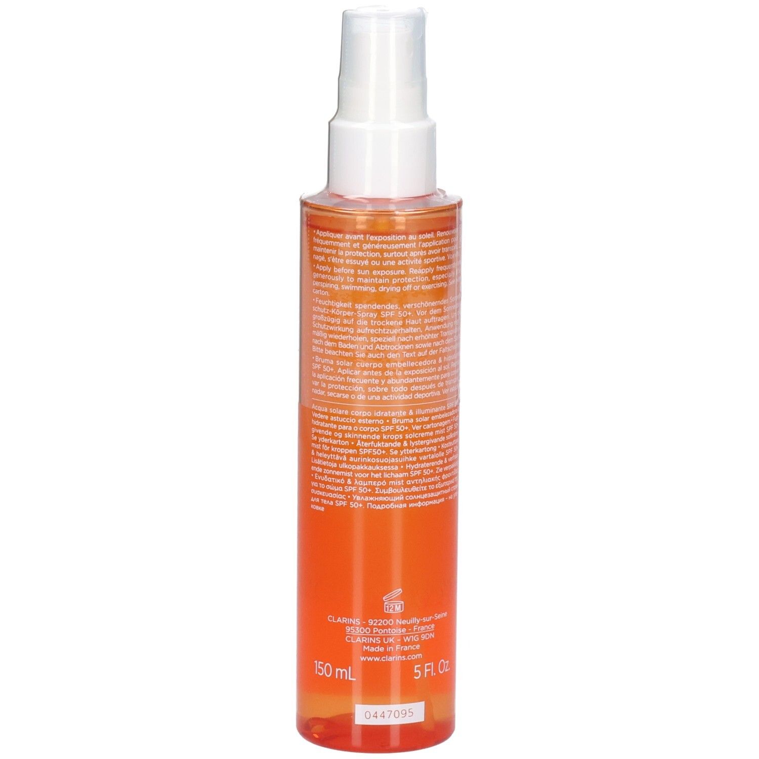 Clarins Sonnennebel SPF 50+ Flasche, 150 ml, mit detaillierten Informationen auf dem Etikett.