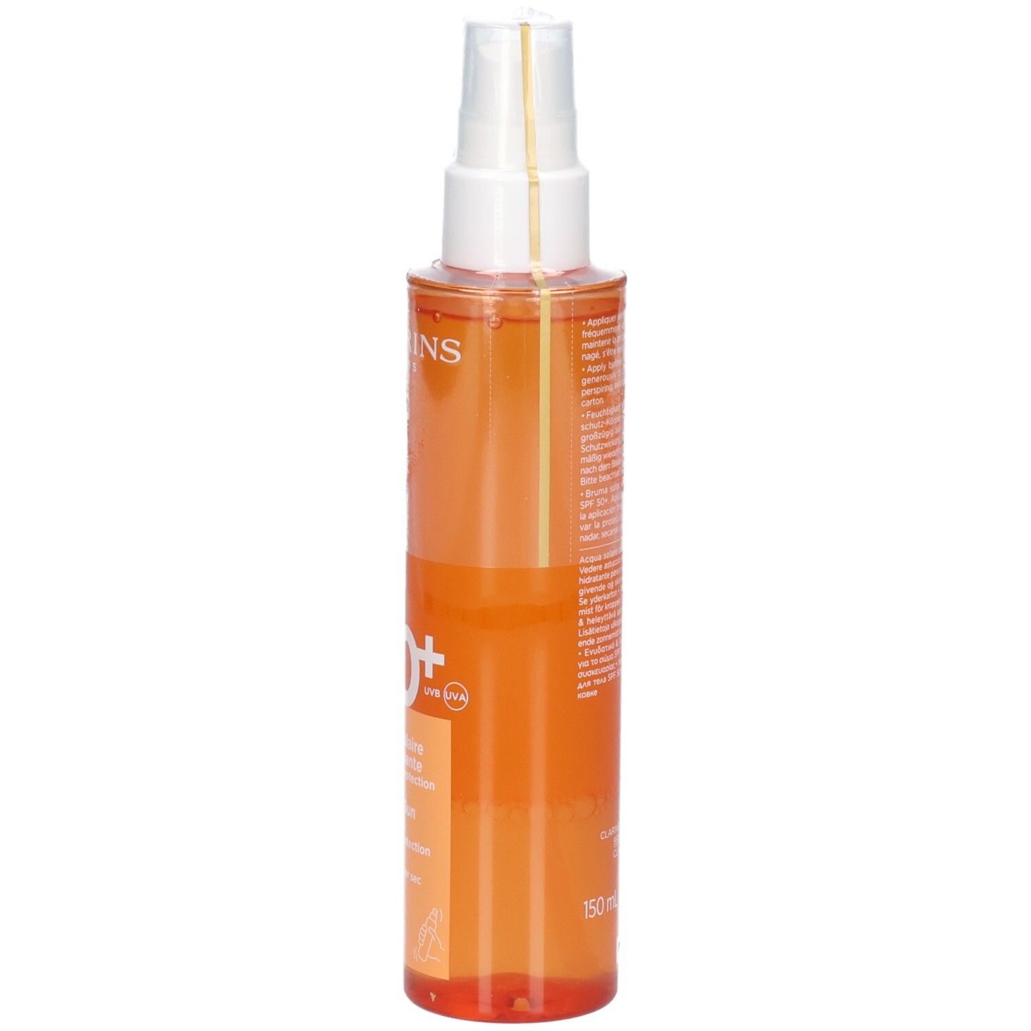 Seitenansicht der Clarins Sonnennebel SPF 50+ Flasche, orangefarben, mit weißem Sprühkopf.