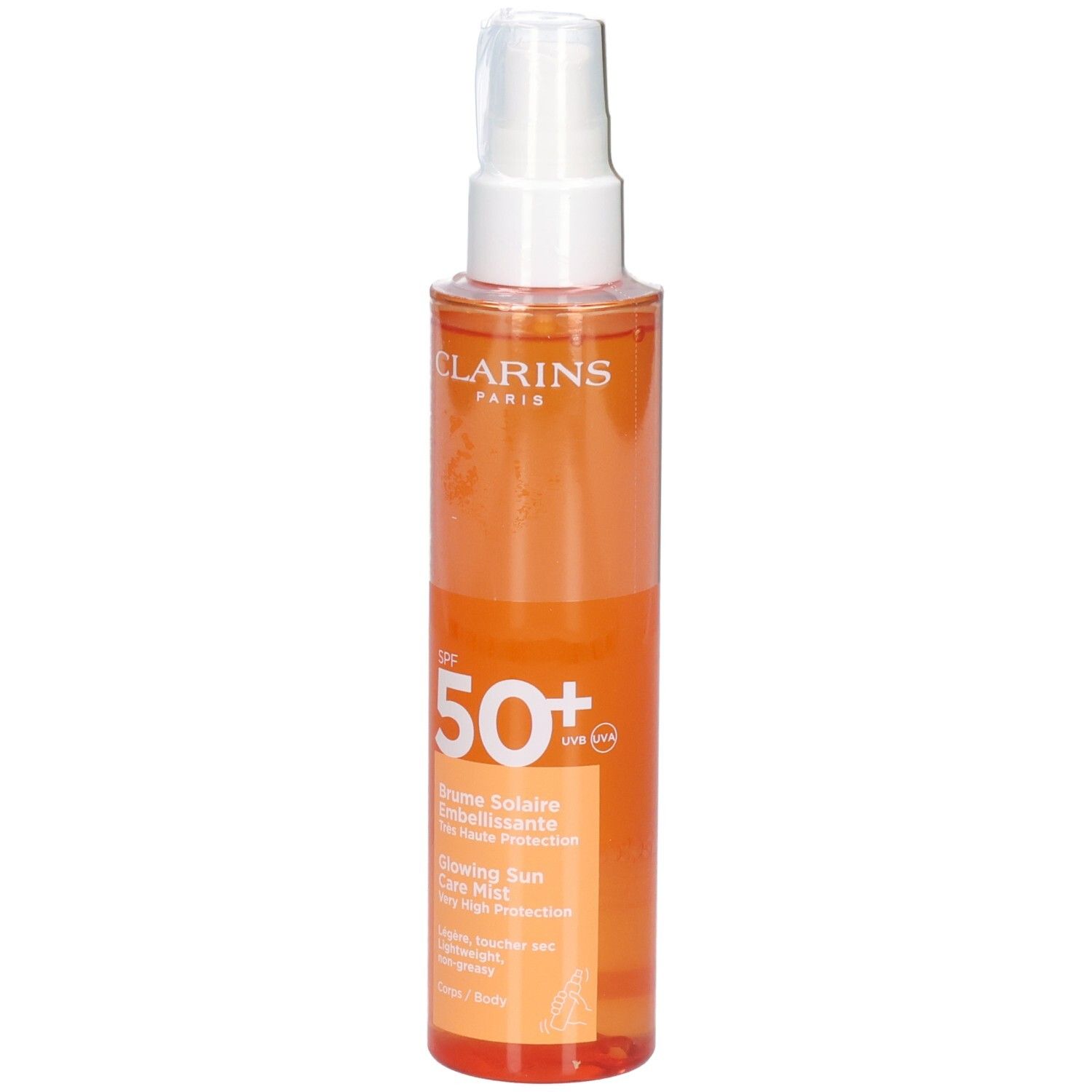 Clarins Sonnennebel SPF 50+ in orangefarbener Flasche mit weißem Sprühkopf, Vorderansicht.