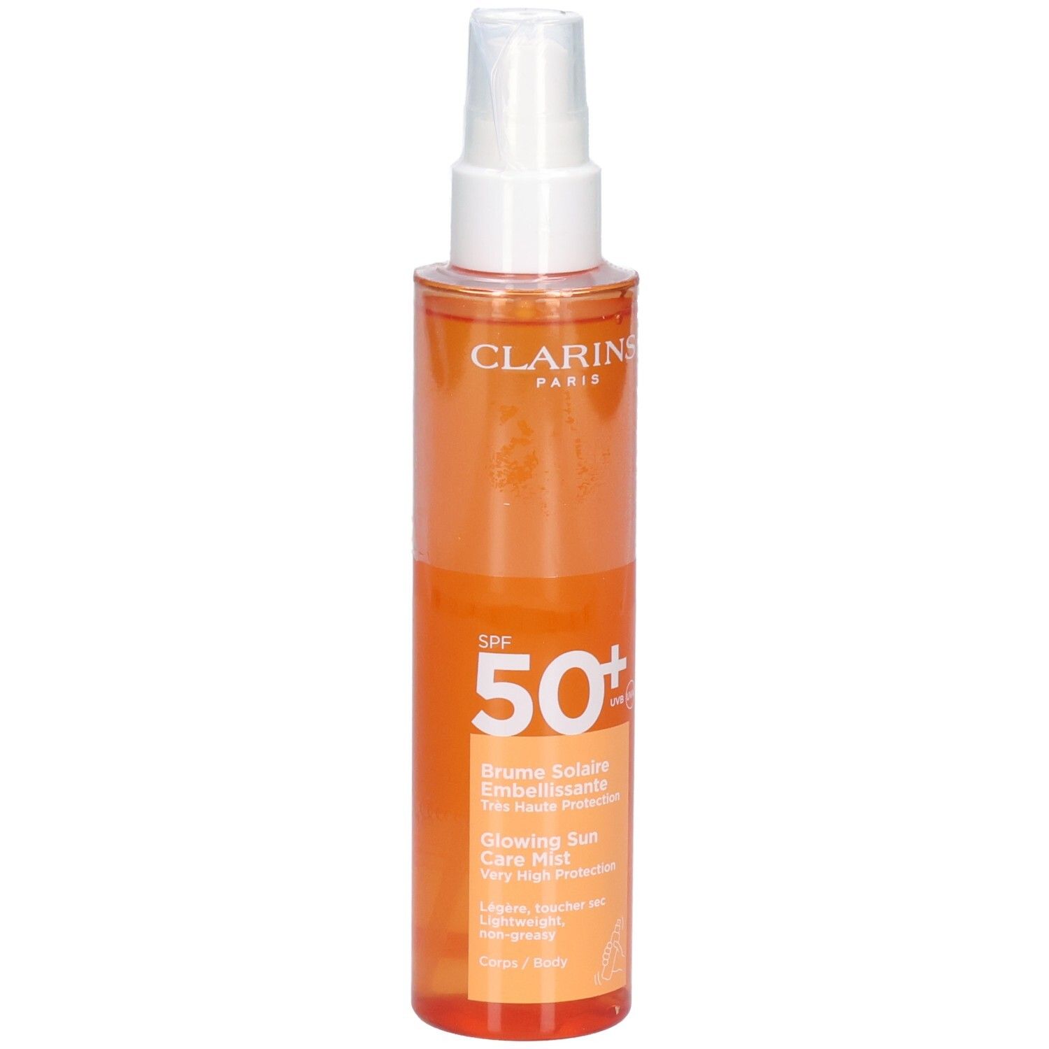 Clarins Sonnennebel SPF 50+ Flasche, orangefarben, mit weißem Sprühkopf, leichte Textur.