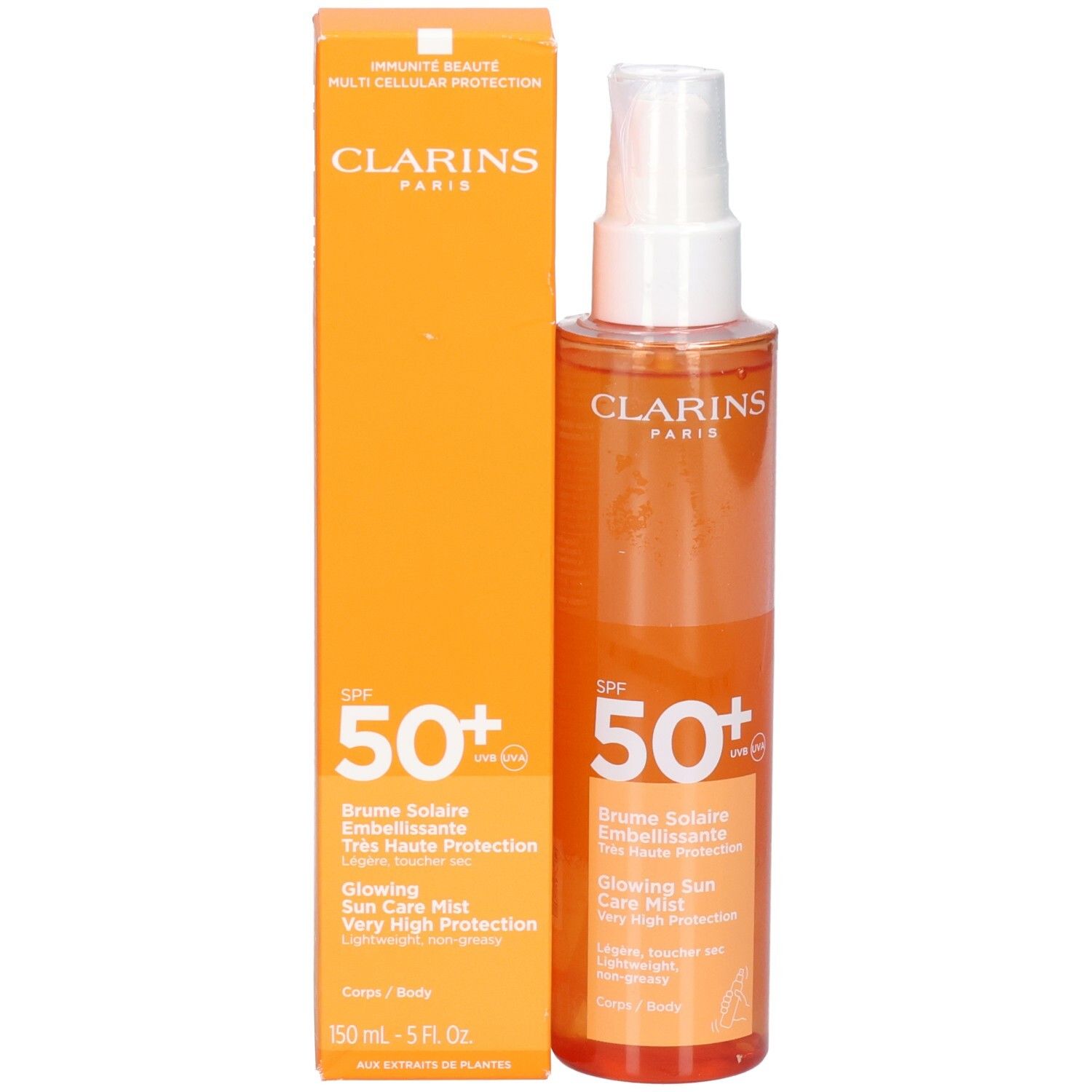 Clarins Sonnennebel SPF 50+ und seine orangefarbene Verpackung, beide mit Sprühkopf.