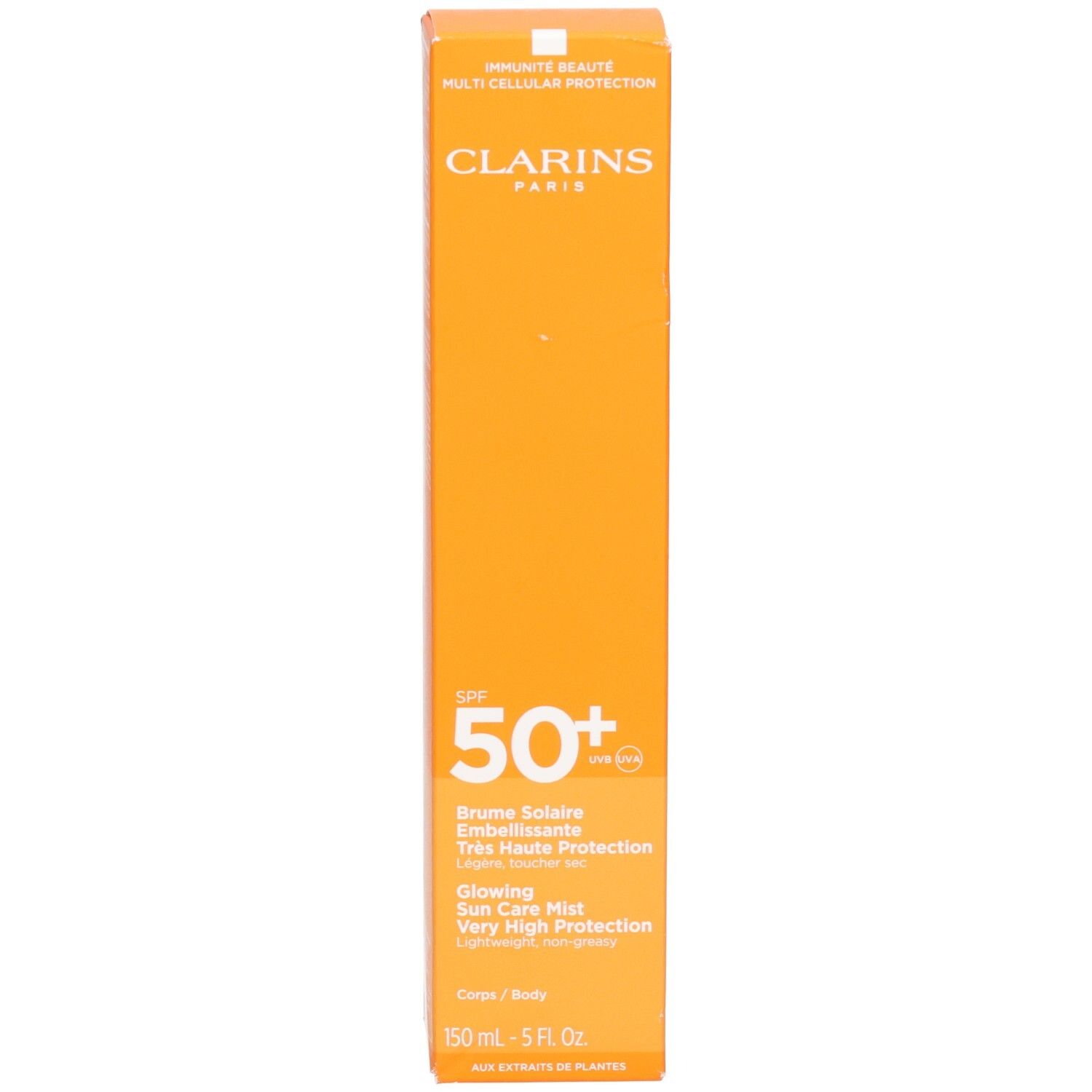 Orangefarbene Clarins Verpackung für Sonnennebel SPF 50+, mit Produktinformationen.
