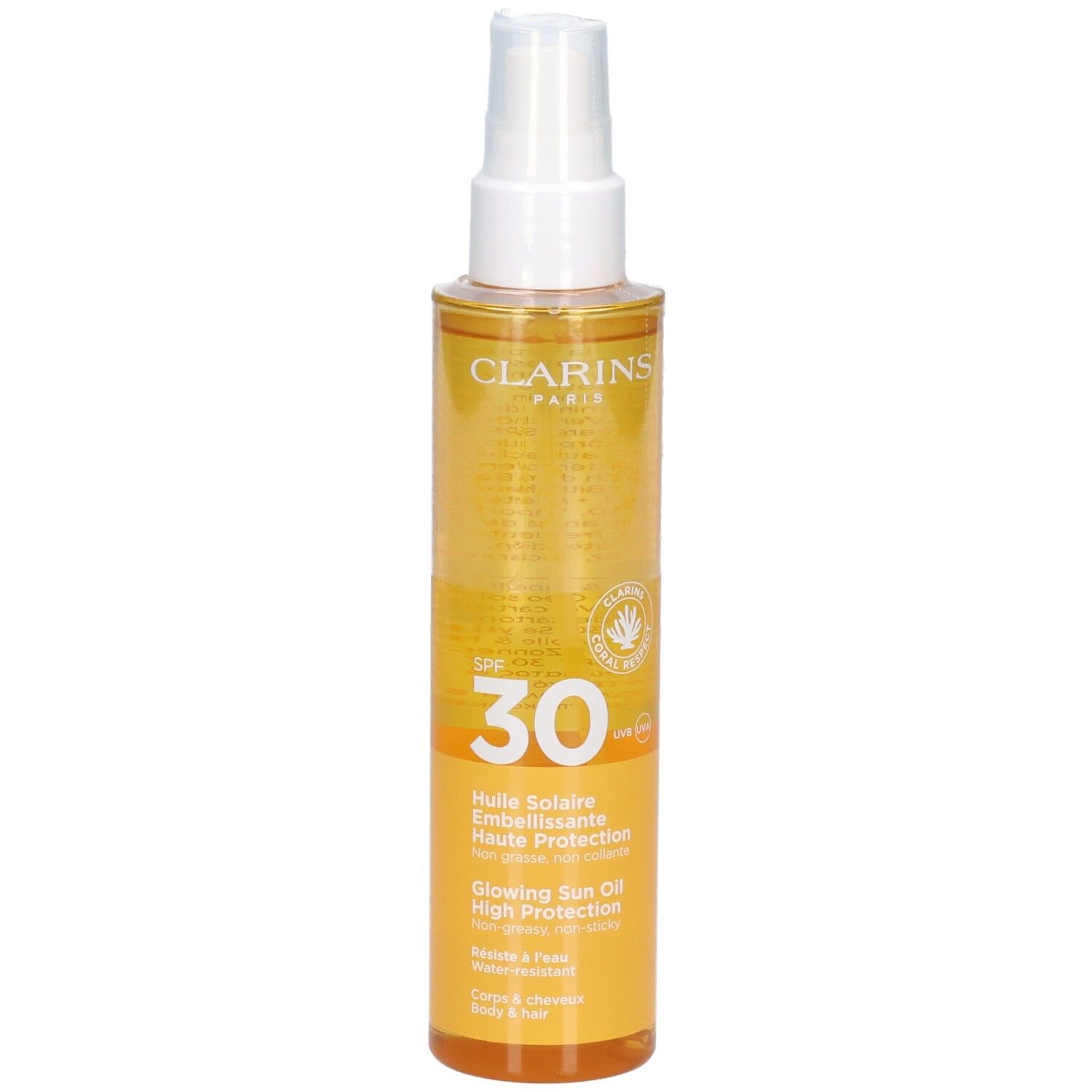 Clarins Sonnenöl mit LSF 30, transparente Flasche mit Sprühkopf. Gelbes Öl, weiße Kappe.