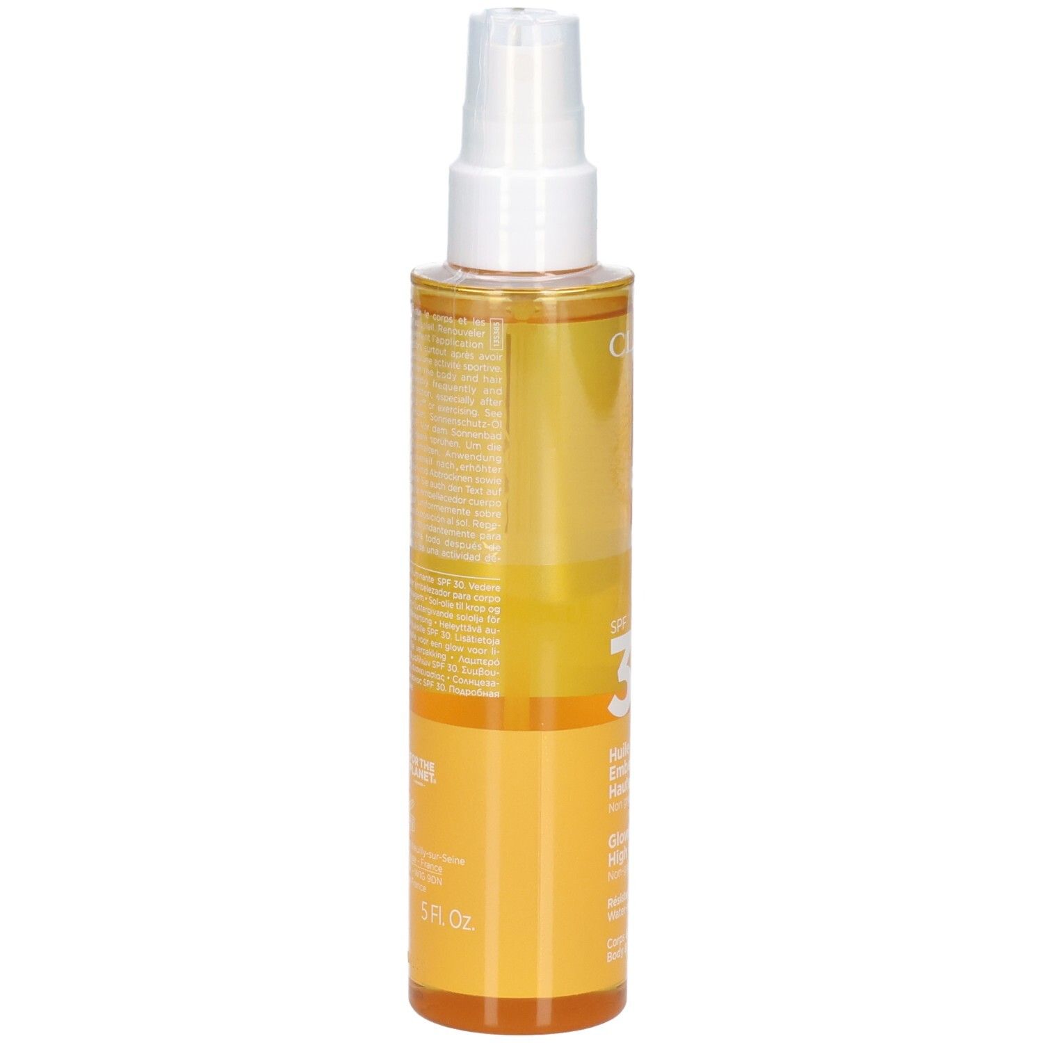 Clarins Sonnenöl LSF 30, Seitenansicht. Transparente Flasche mit Sprühkopf, gelbes Öl.