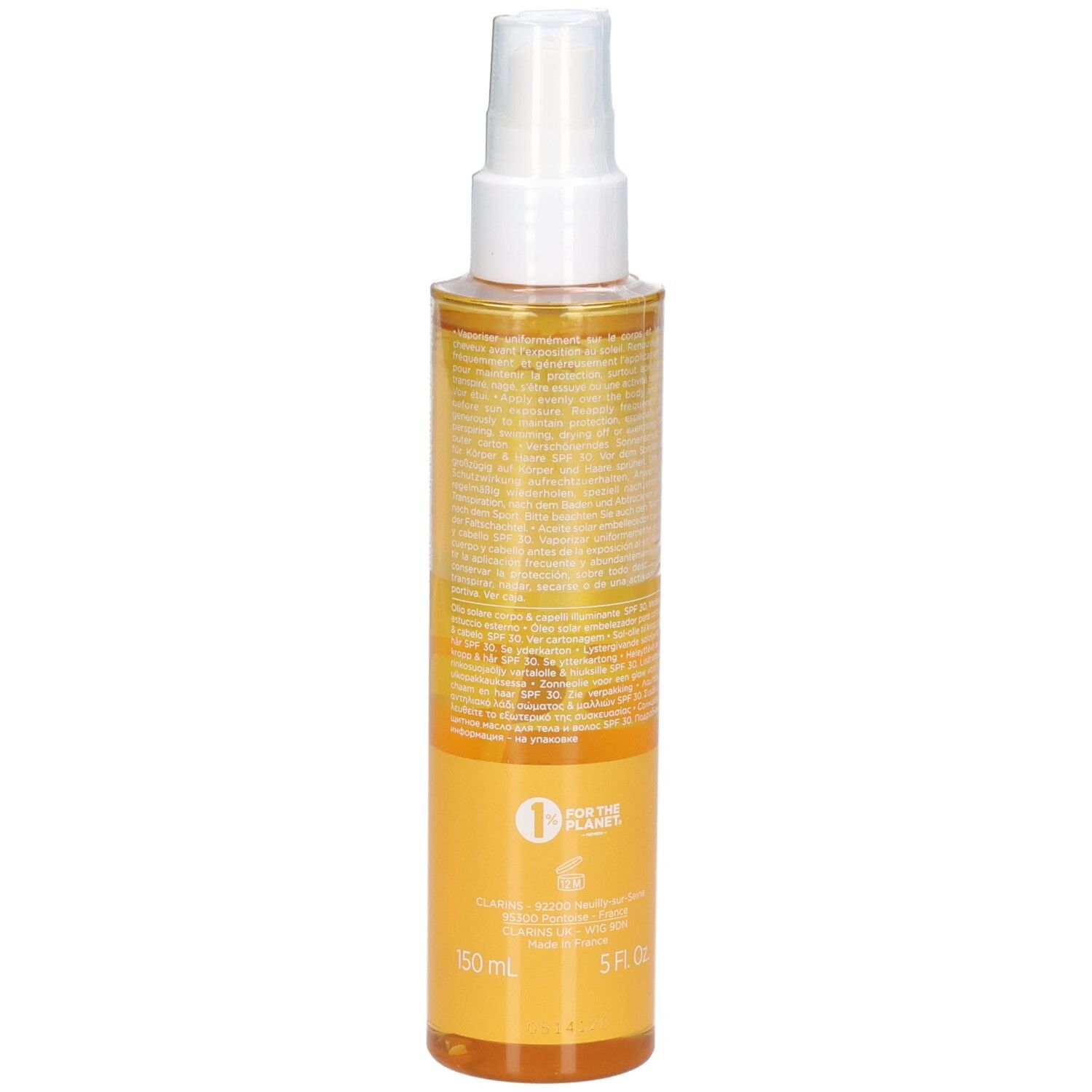 Clarins Sonnenöl LSF 30, Rückseite. Flasche mit Sprühkopf, gelbes Öl, mit Text und Logo.