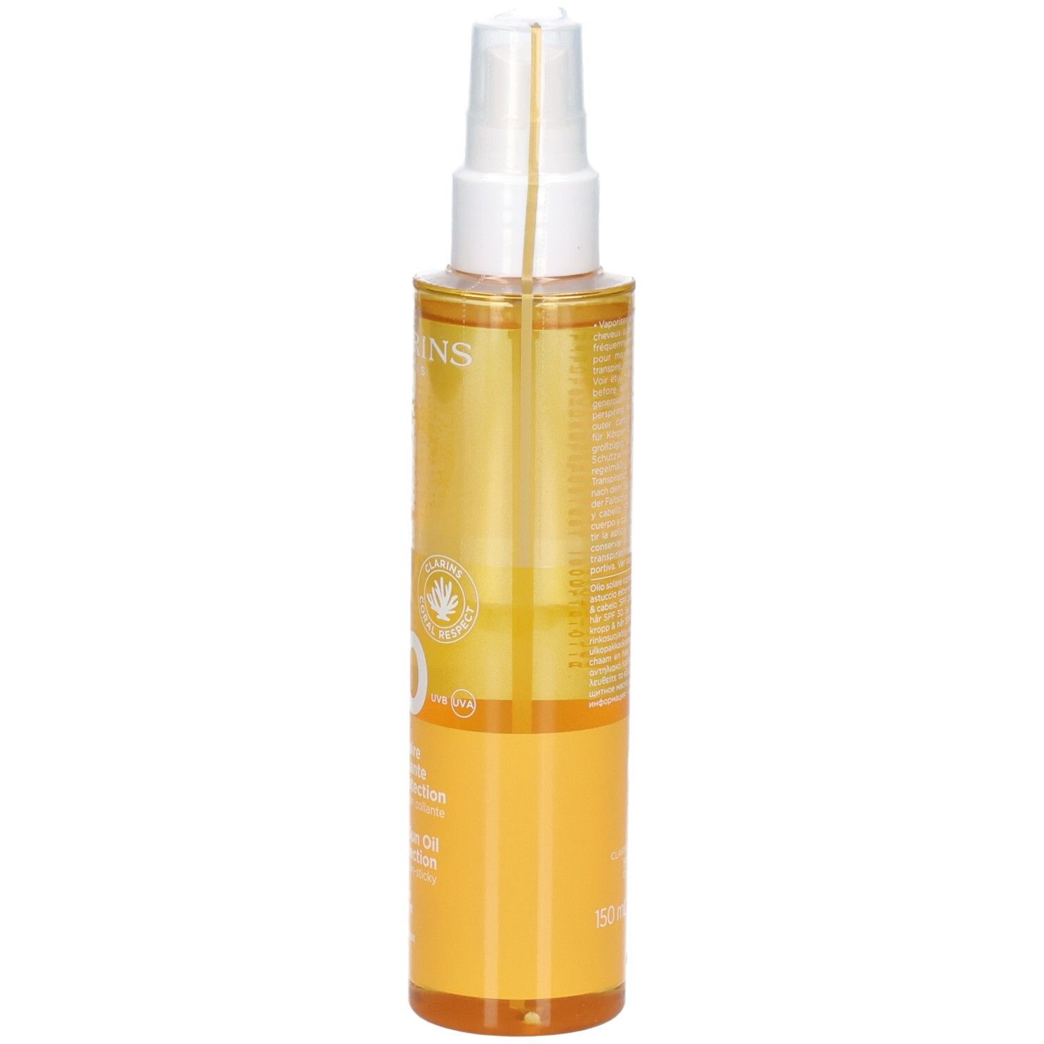 Clarins Sonnenöl LSF 30, Seitenansicht. Flasche mit Sprühkopf, gelbes Öl, mit Text.