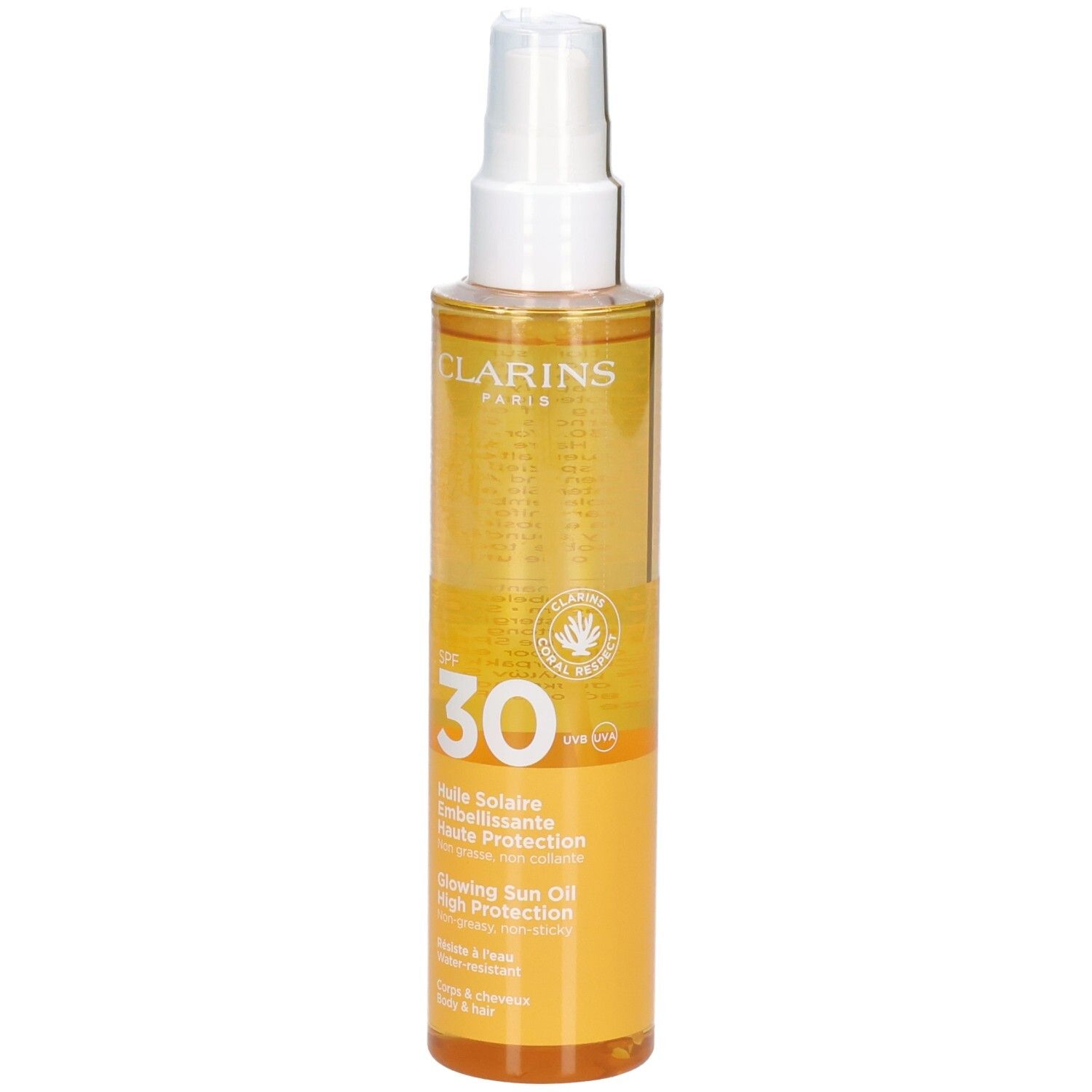Clarins Sonnenöl LSF 30, Vorderseite. Transparente Flasche mit Sprühkopf, gelbes Öl.