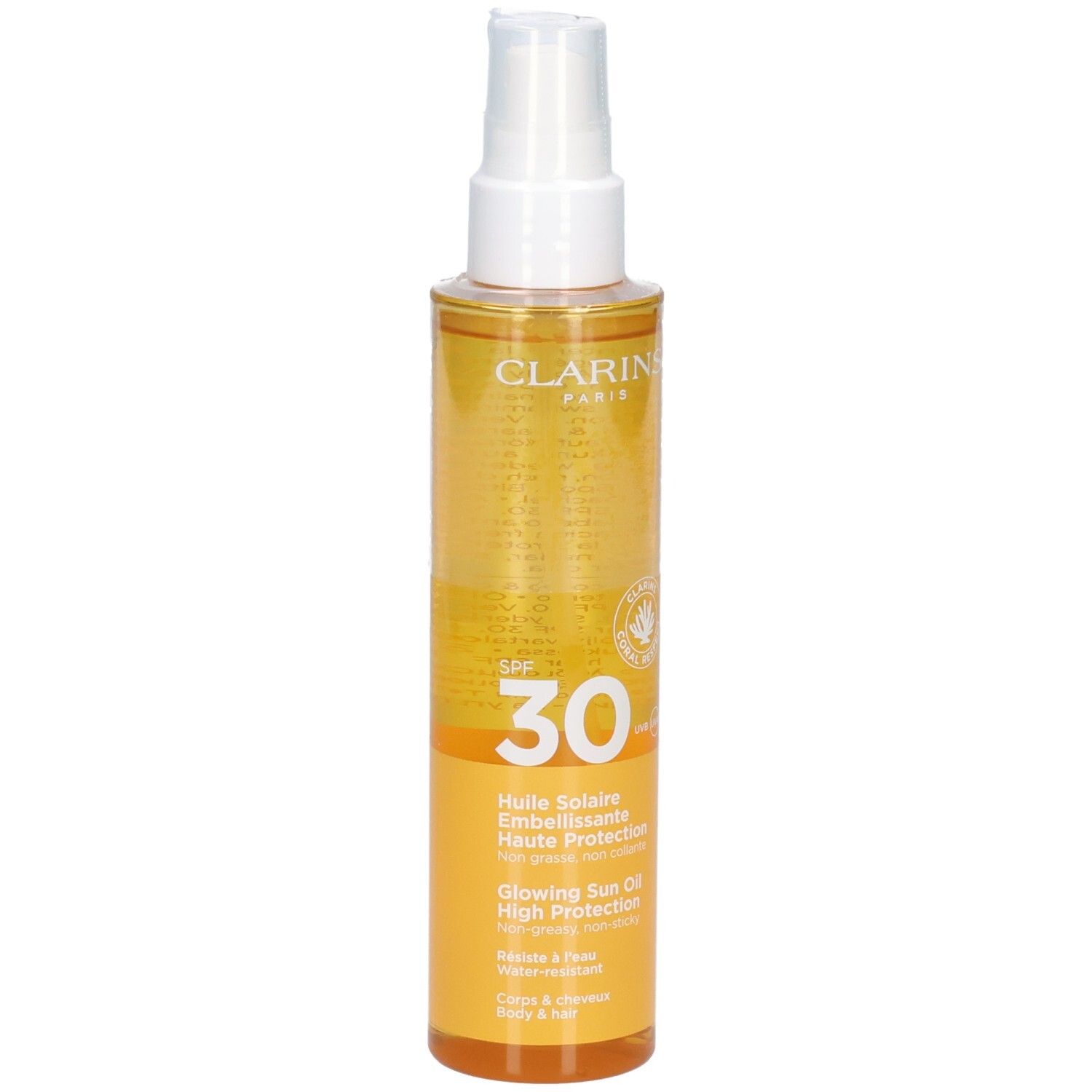 Clarins Sonnenöl LSF 30, Vorderseite. Transparente Flasche mit Sprühkopf, gelbes Öl.