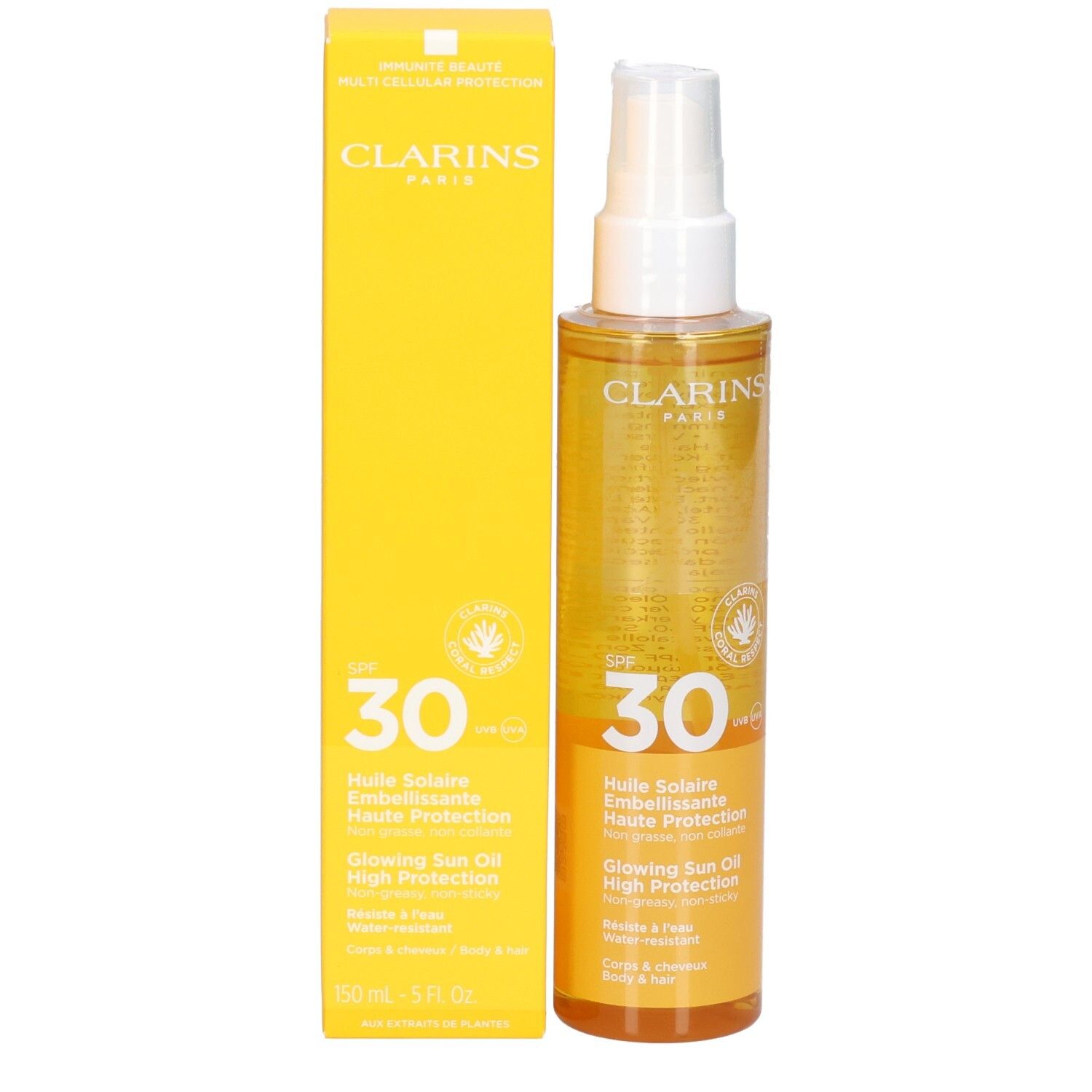 Clarins Sonnenöl LSF 30 und Verpackung. Gelbe Kartonbox und transparente Flasche mit Sprühkopf.