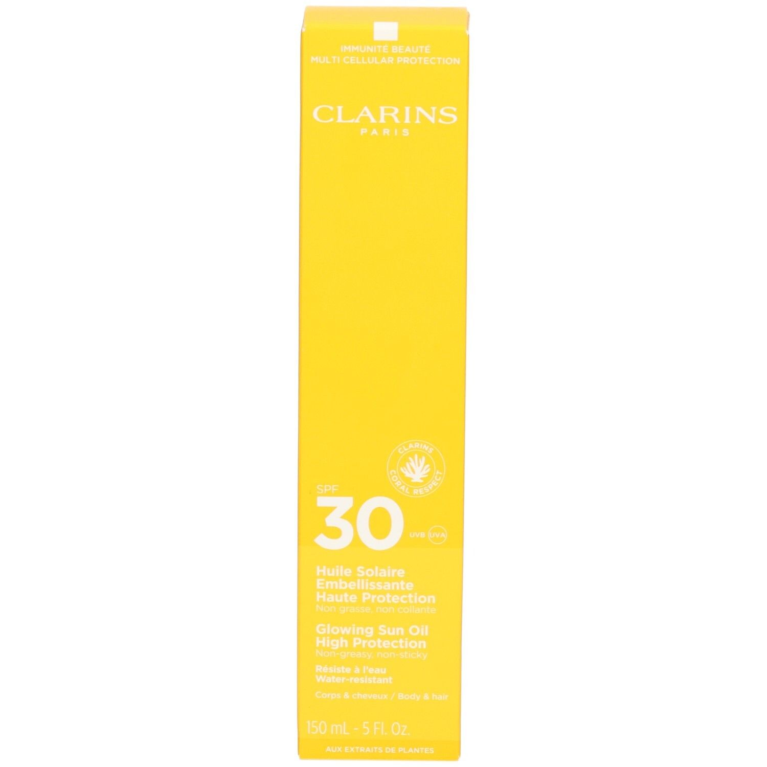 Clarins Sonnenöl LSF 30 Verpackung. Gelbe Kartonbox mit Produktinformationen und LSF 30.
