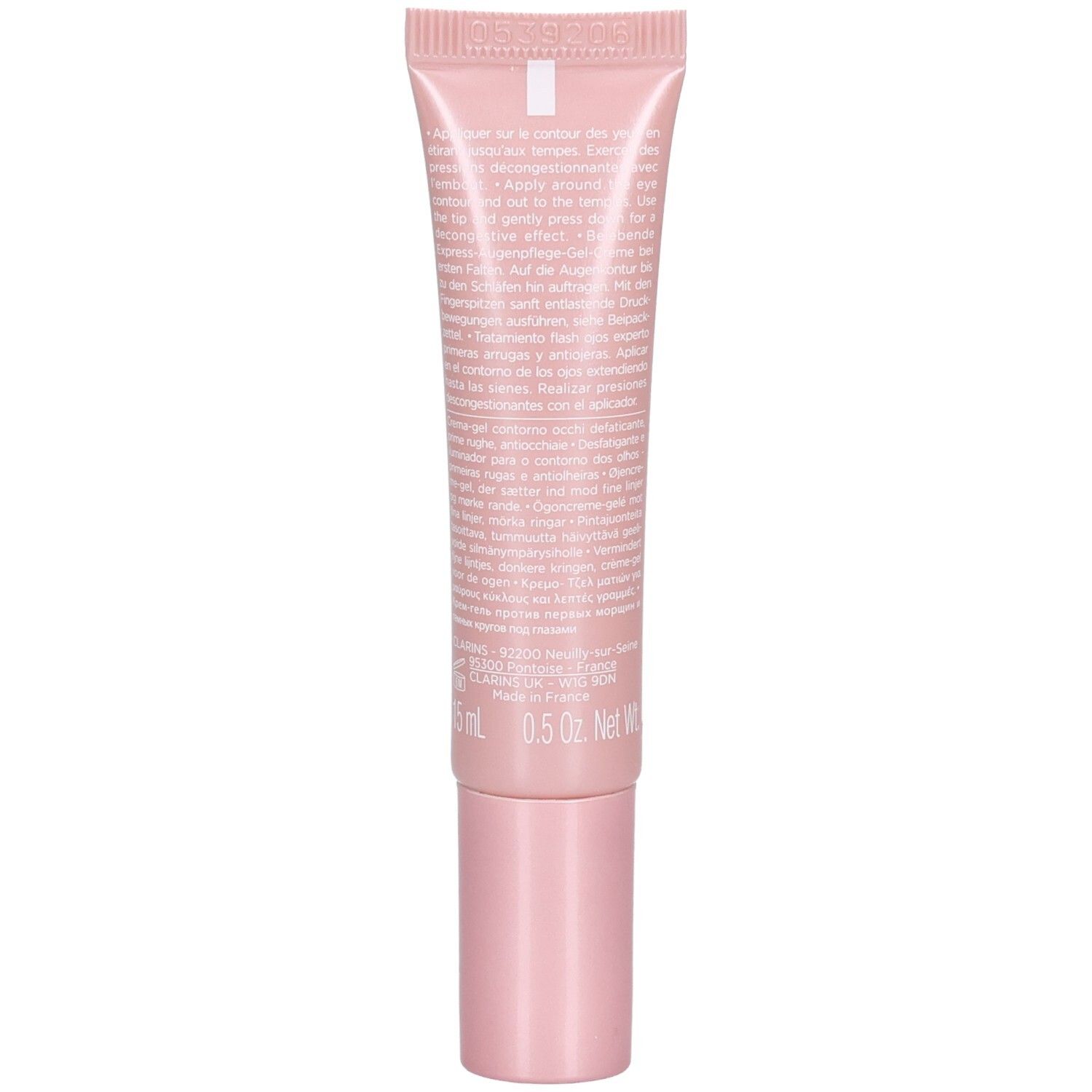 Rückseite einer Clarins Total Eye Revive Tube mit Produktinformationen.