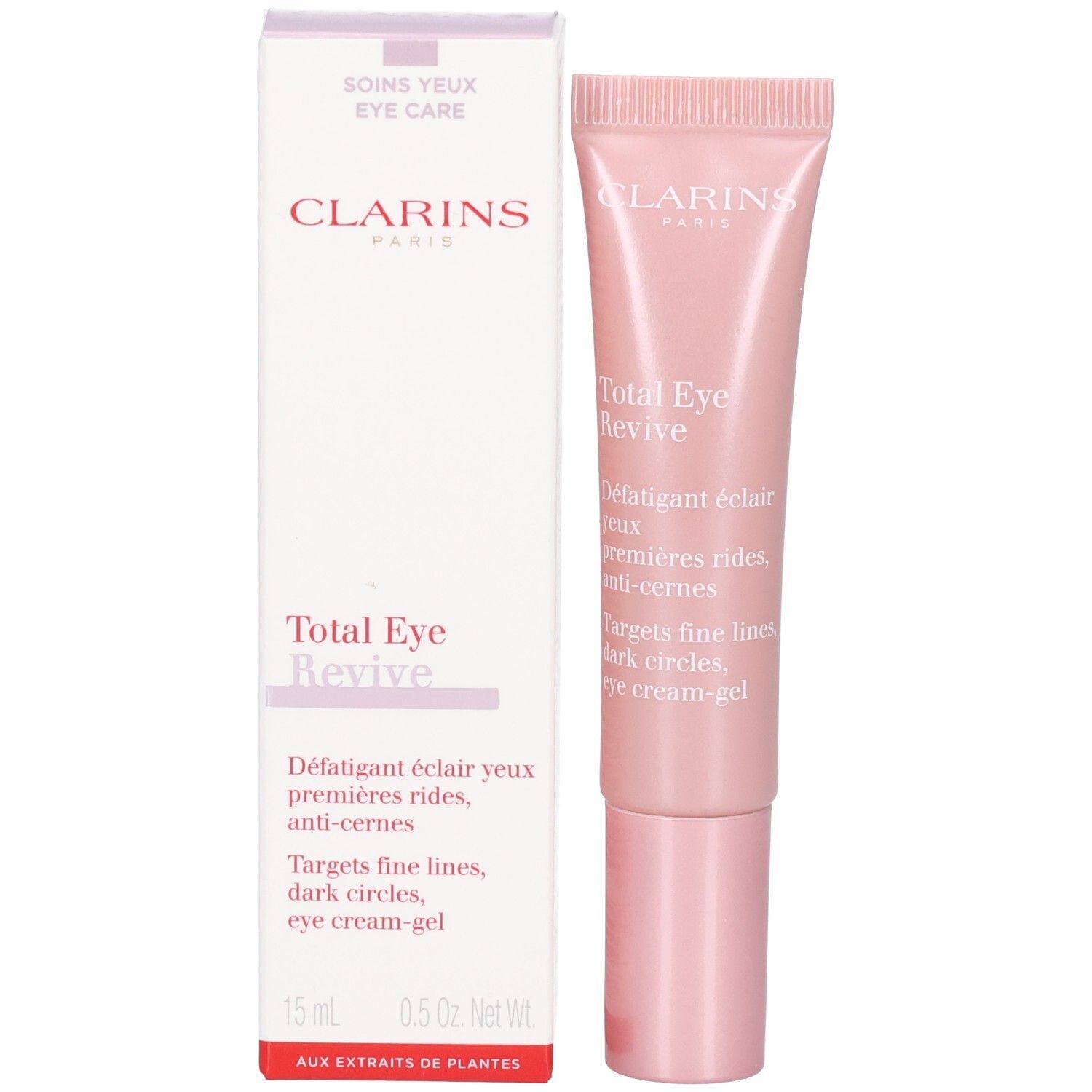 Clarins Total Eye Revive Tube und Verpackung, rosa und weiß.