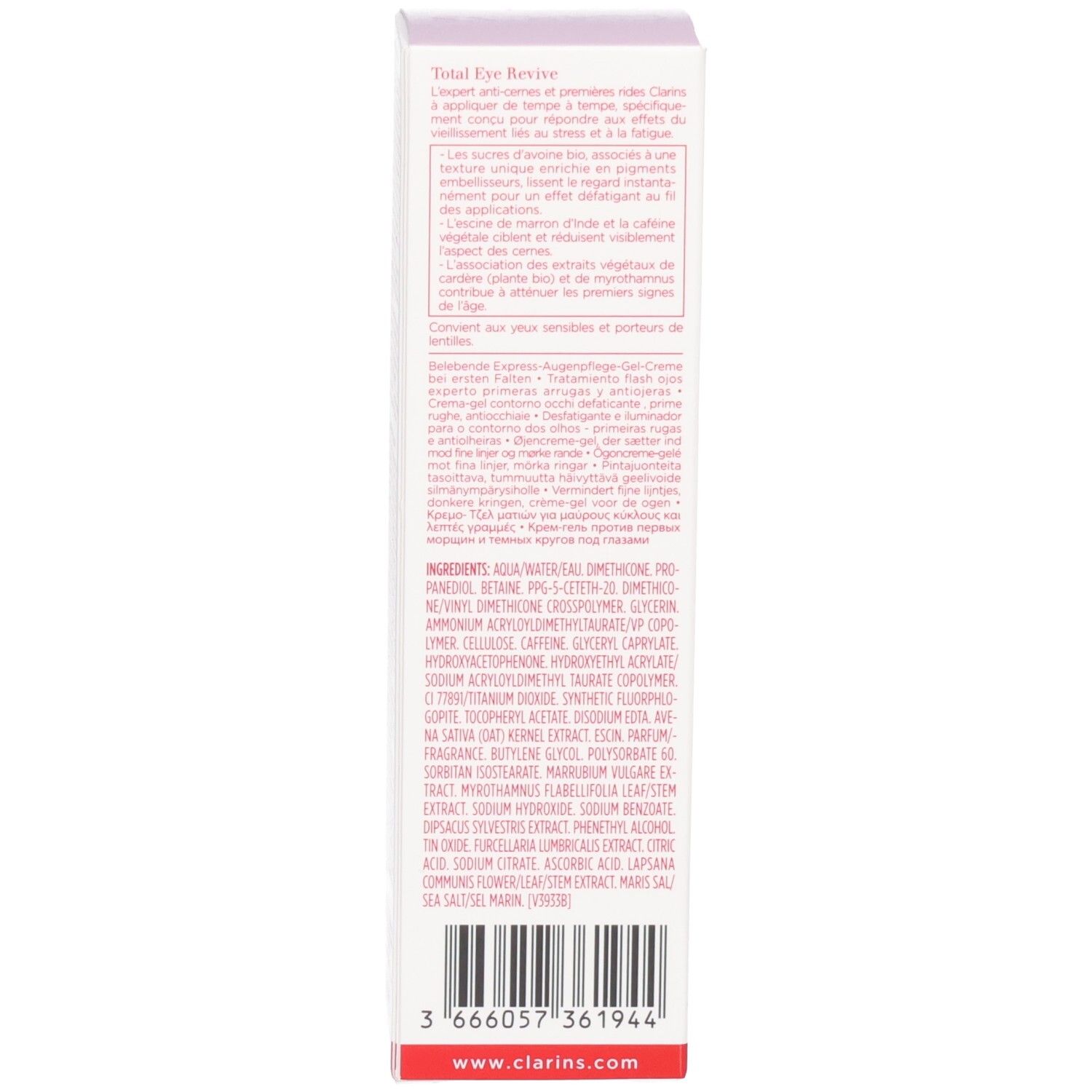 Seite der Clarins Total Eye Revive Verpackung mit Inhaltsstoffen.