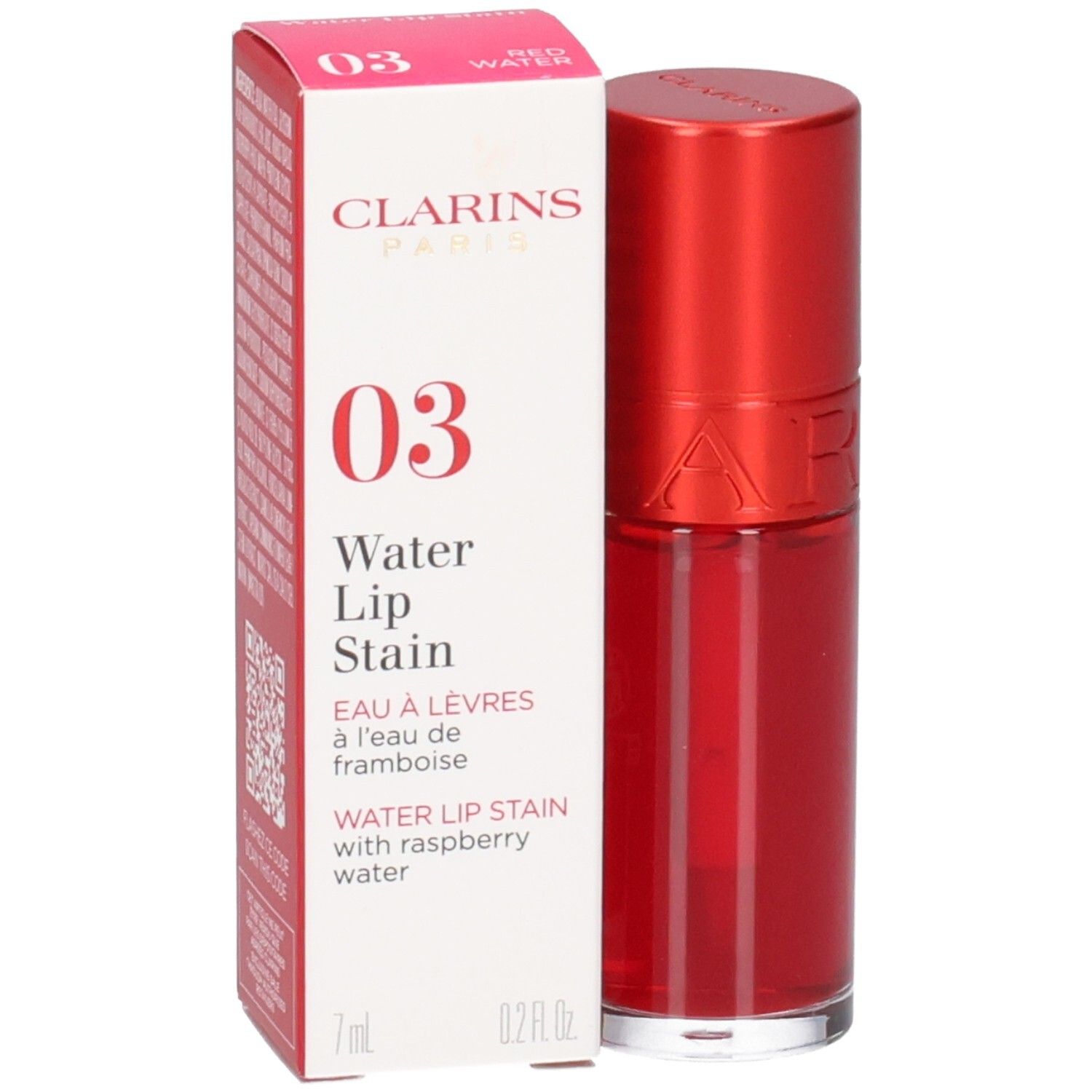 Clarins Eau à Lèvres 03, roter Lippenstift mit Applikator und Verpackung.