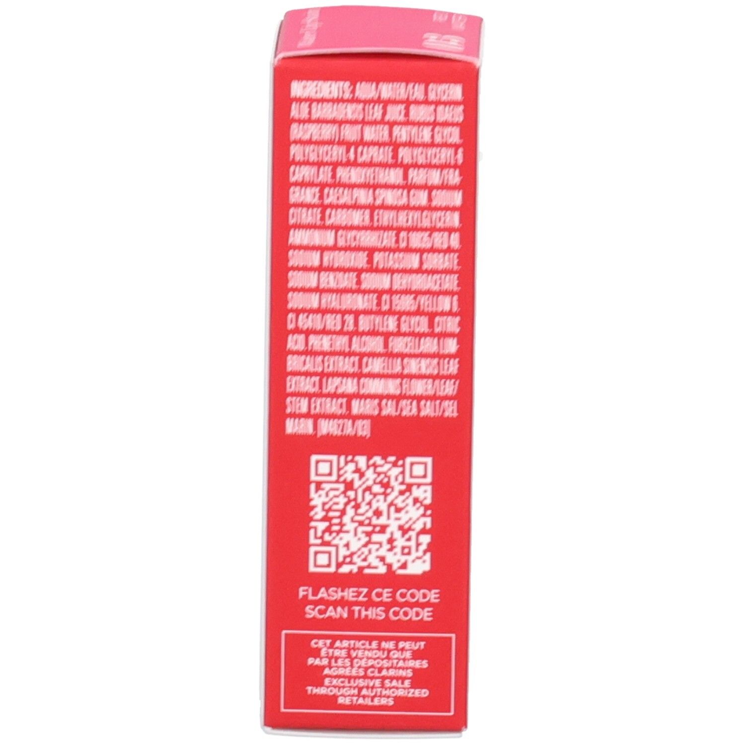 Clarins Eau à Lèvres 03 Verpackung, Rückseite mit Inhaltsstoffen und QR-Code.