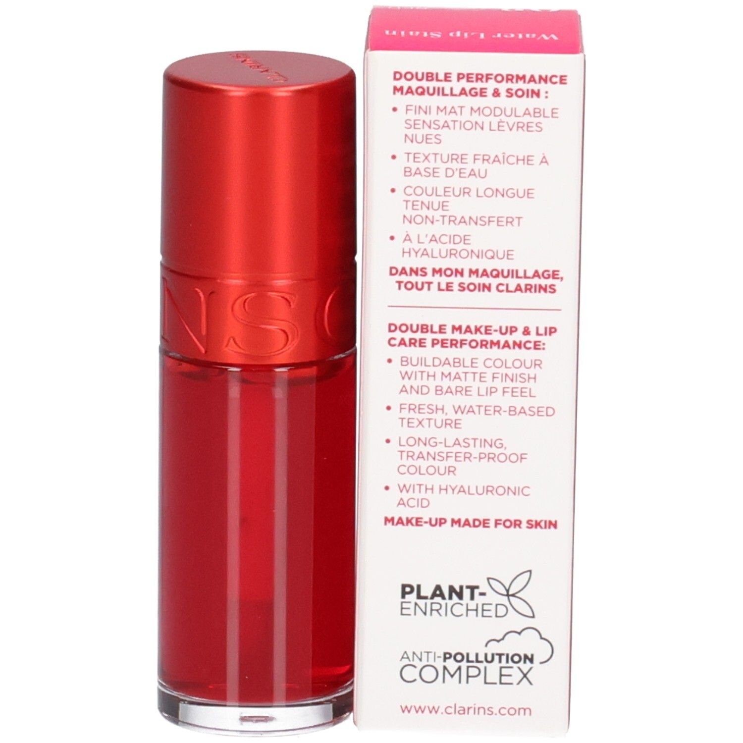 Clarins Eau à Lèvres 03, roter Lippenstift mit Verpackung. Text auf Deutsch und Englisch.