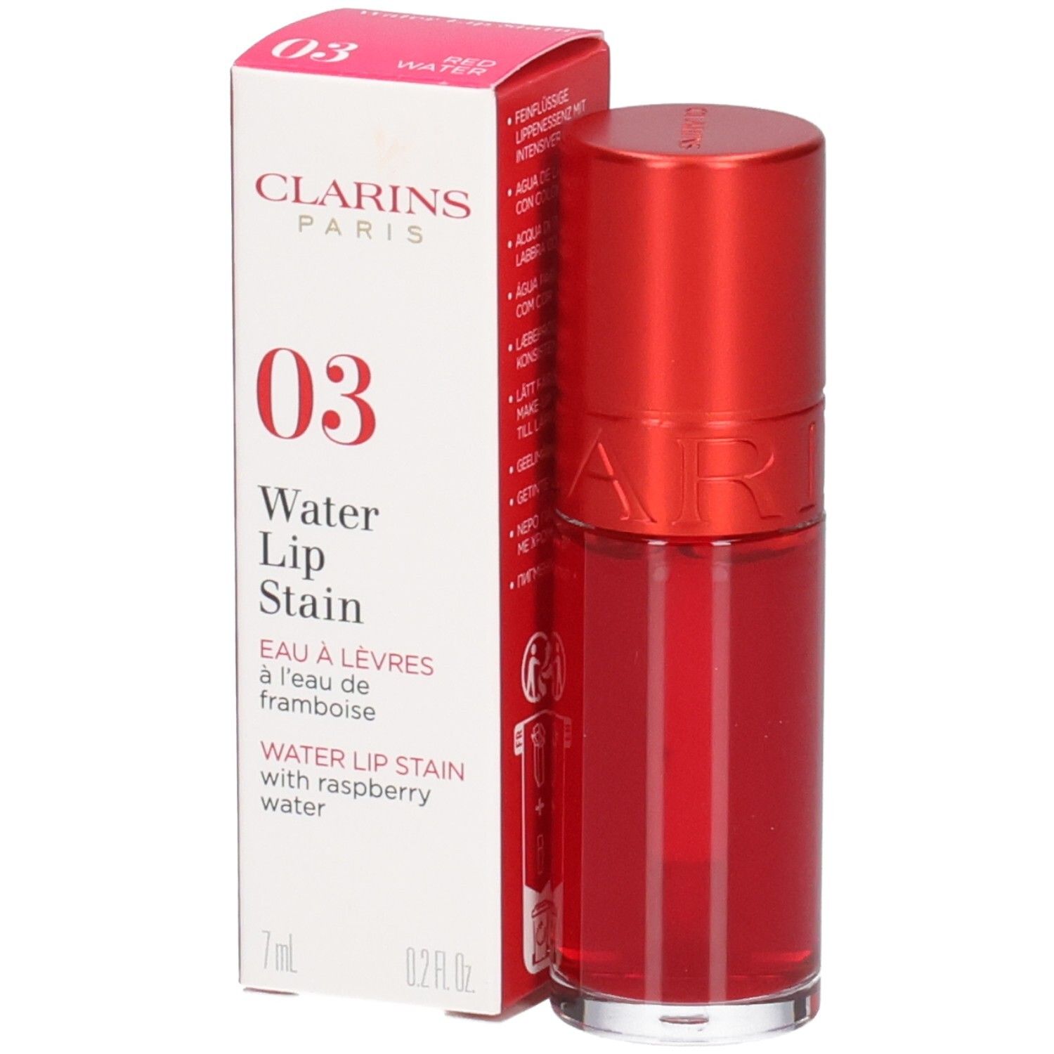 Clarins Eau à Lèvres 03, roter Lippenstift mit Applikator und Verpackung.
