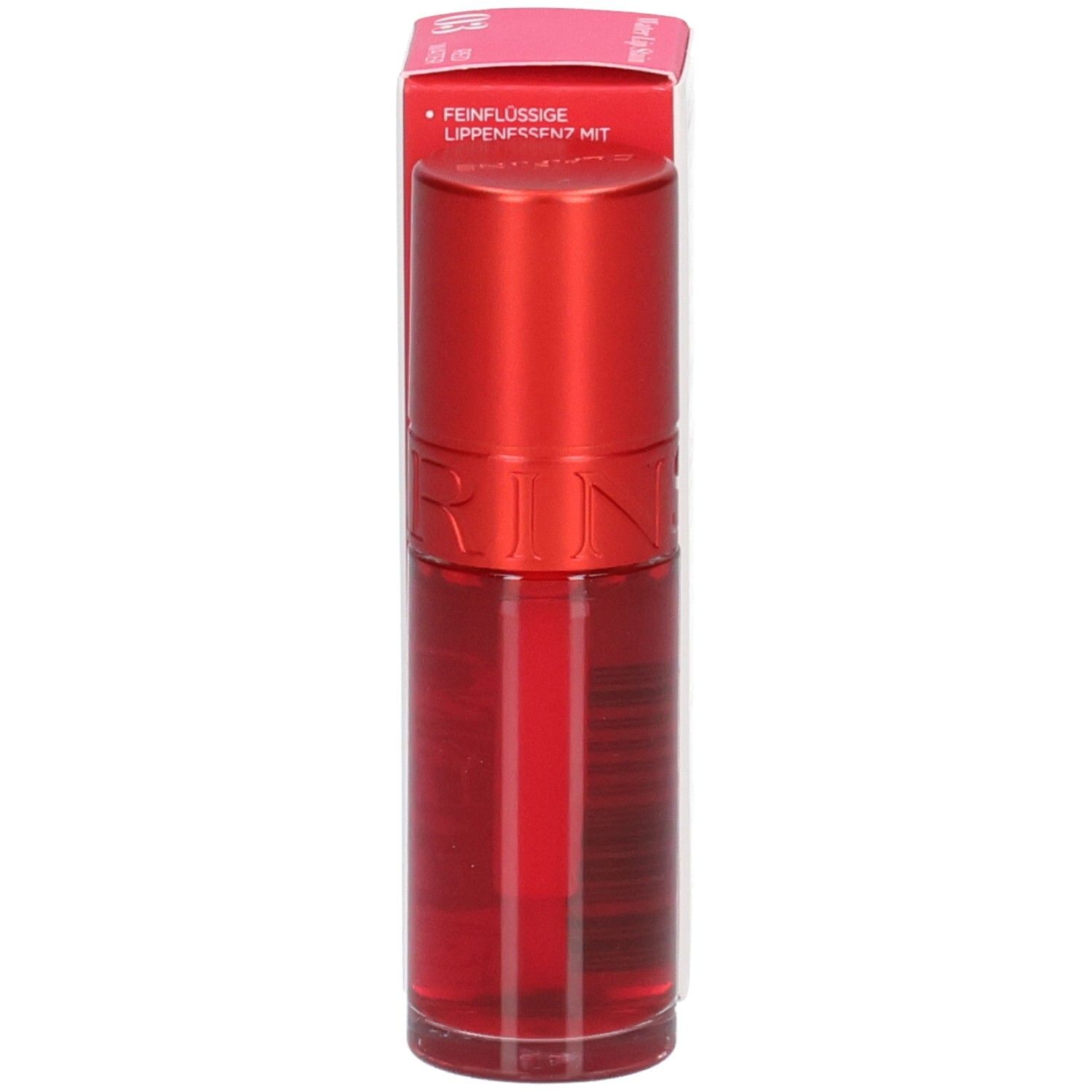 Clarins Eau à Lèvres 03, roter Lippenstift mit roter Kappe und durchsichtigem Behälter.