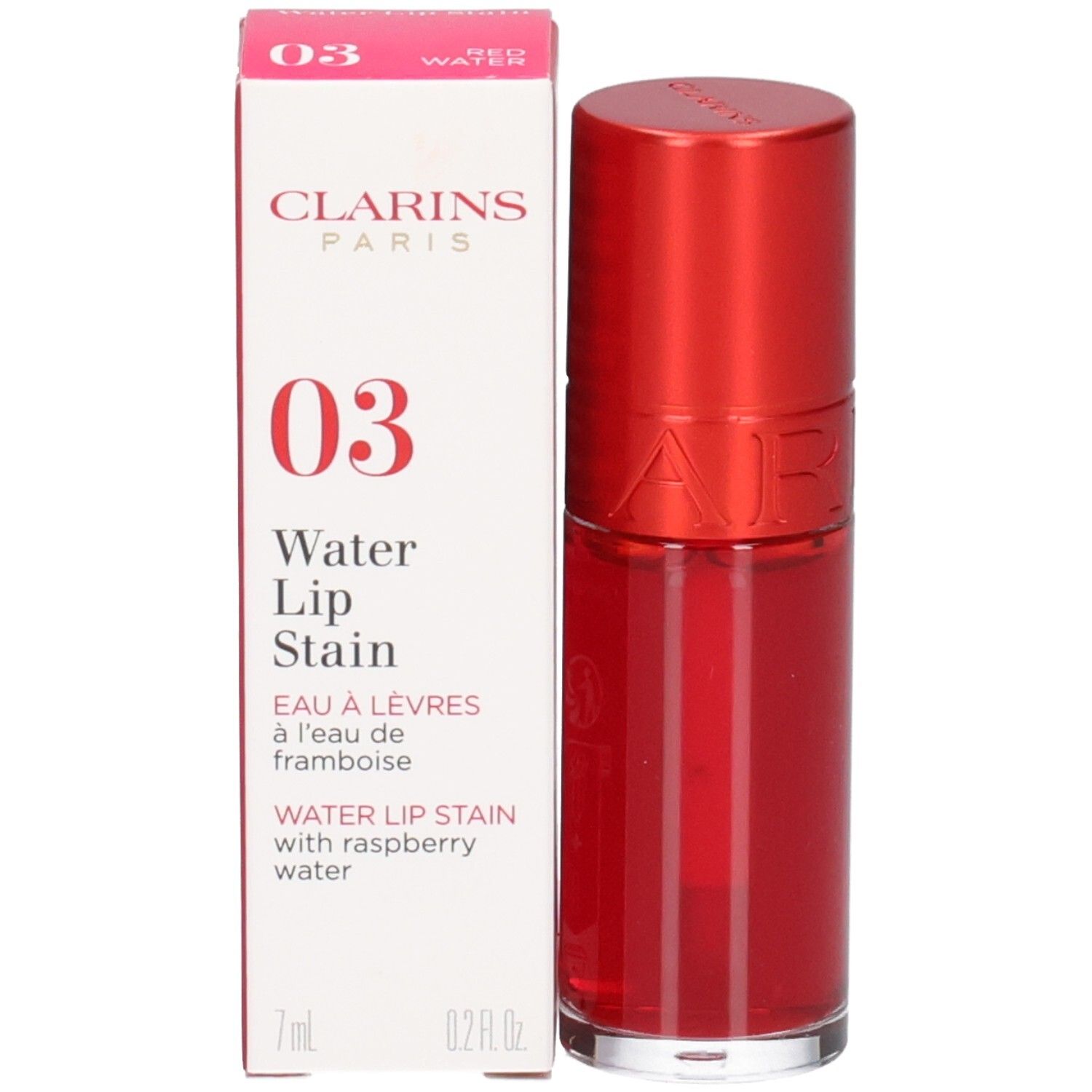 Clarins Eau à Lèvres 03, roter Lippenstift mit Applikator und Verpackung.