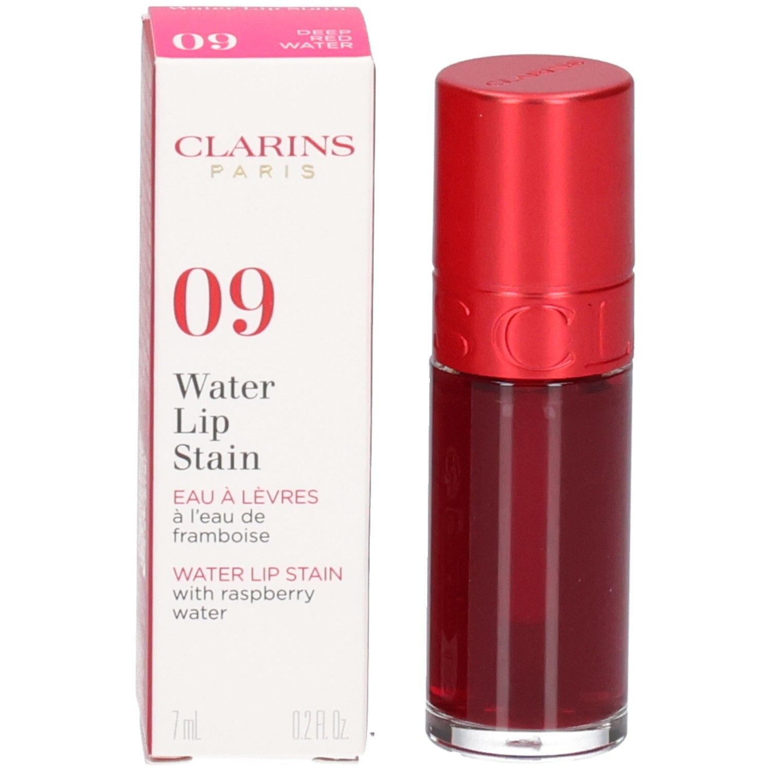 Clarins Eau à Lèvres 09: Rote Lippenstiftflasche mit rotem Deckel.
