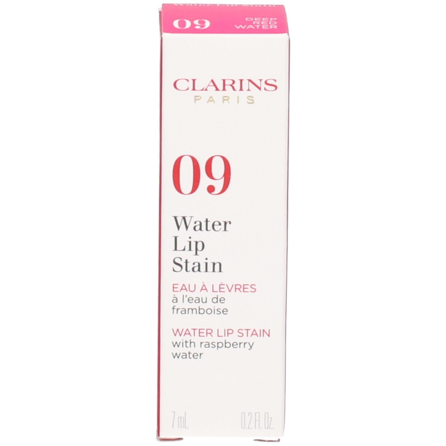 Clarins Eau à Lèvres 09: Rote Lippenstiftflasche mit rotem Deckel und Verpackung.