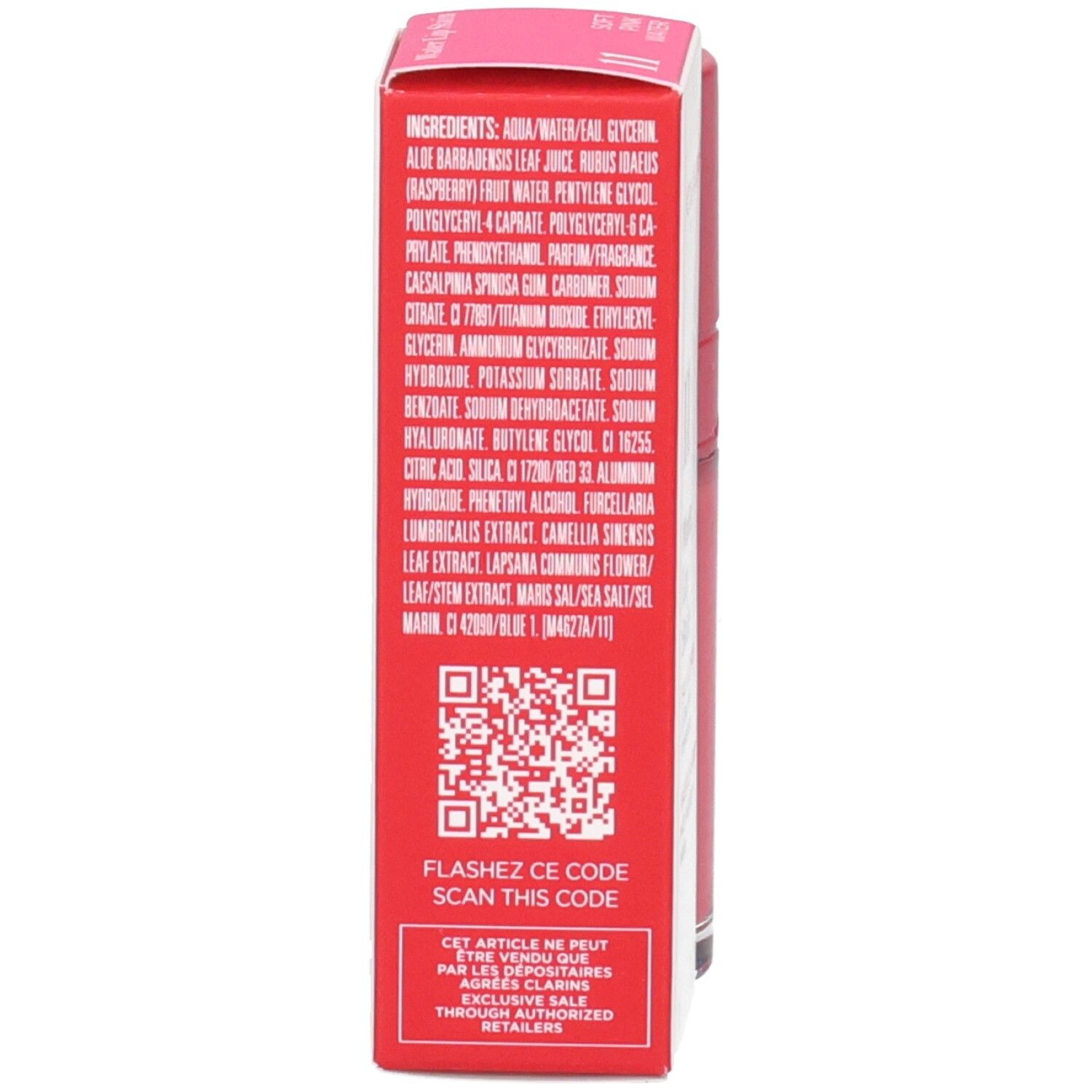 Clarins Eau à Lèvres 11, arrière de l'emballage avec ingrédients et code QR.