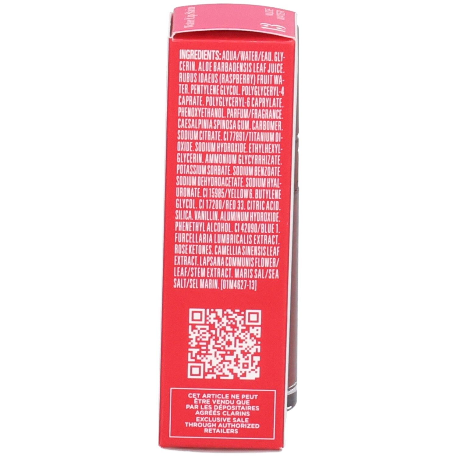 Clarins Eau à Lèvres 13, Rückseite der Verpackung mit Inhaltsstoffen und QR-Code.