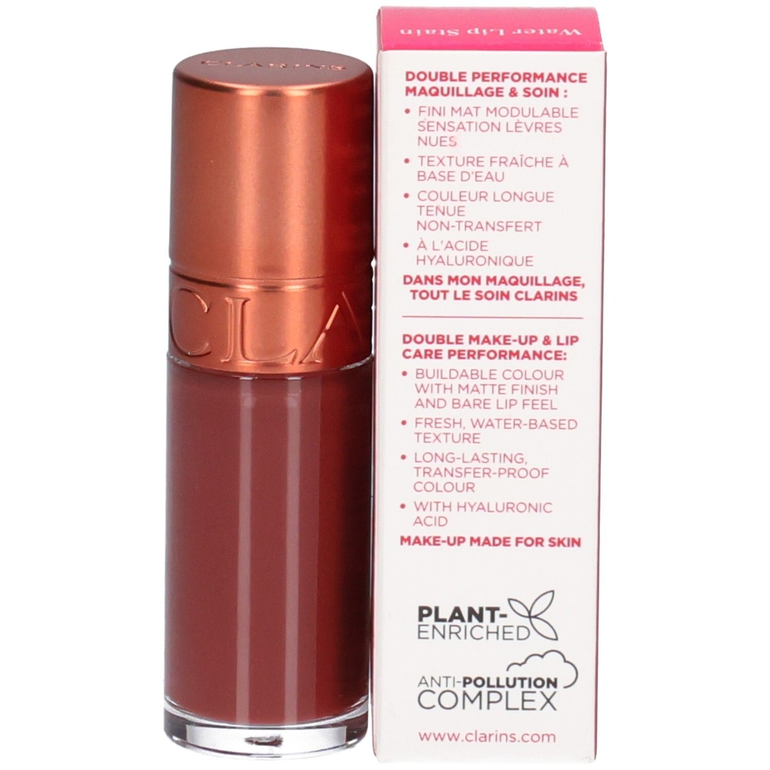 Clarins Eau à Lèvres 13, Lippenstift und Verpackung. Mattes Finish, wasserbasiert, transferfest.