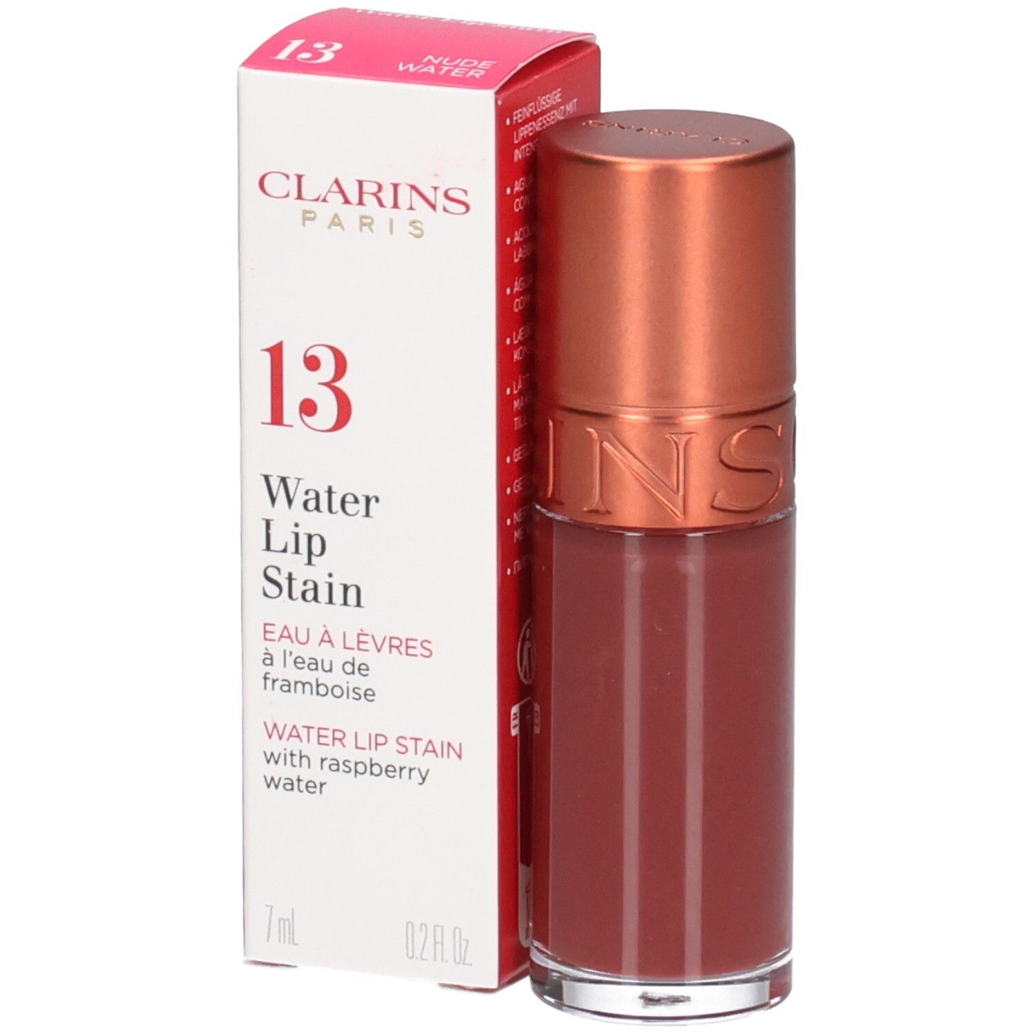 Clarins Eau à Lèvres 13, Lippenstift in Rosé-Wasser-Farbton, mit Himbeerwasser.