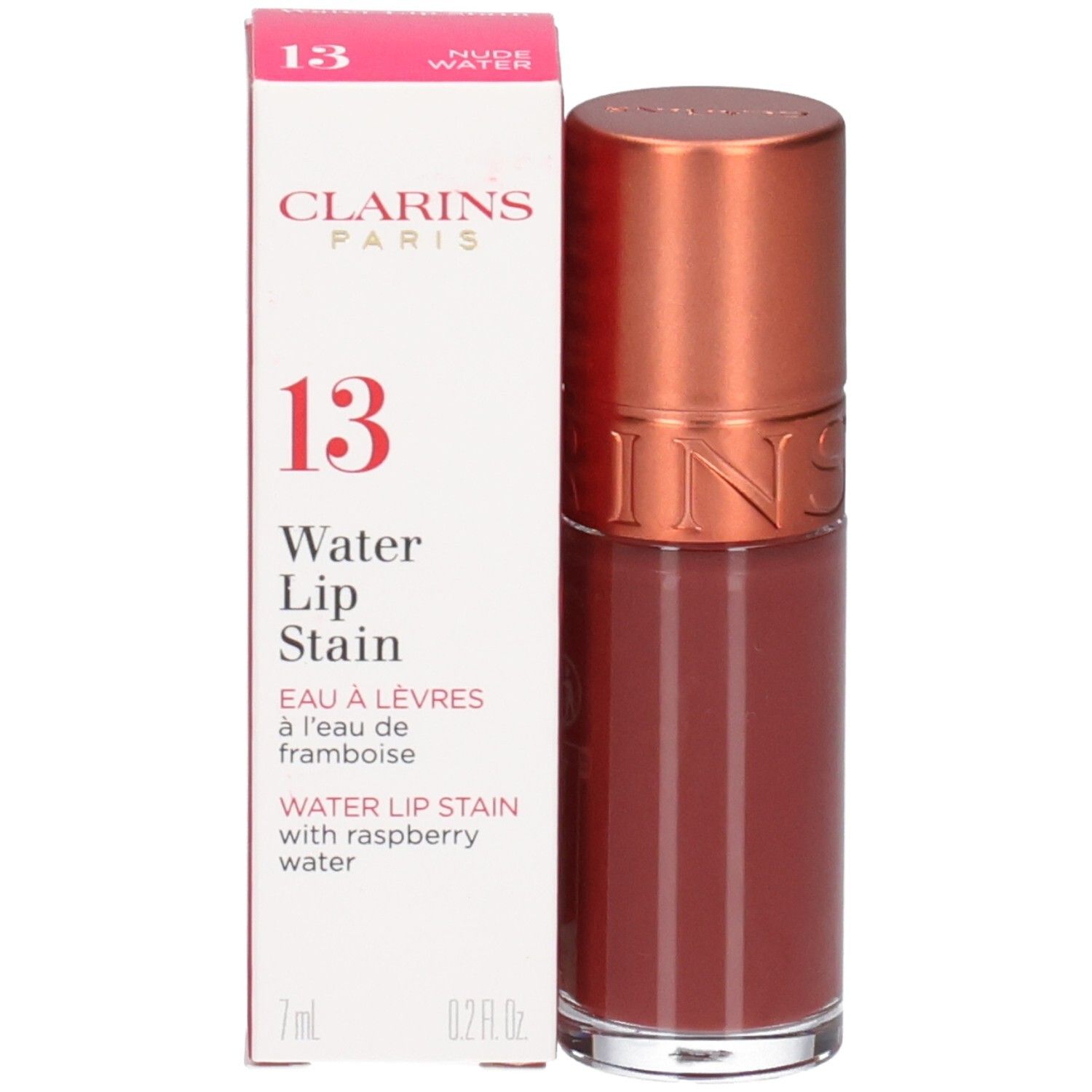 Clarins Eau à Lèvres 13, Lippenstift in Rosé-Wasser-Farbton, mit Himbeerwasser.