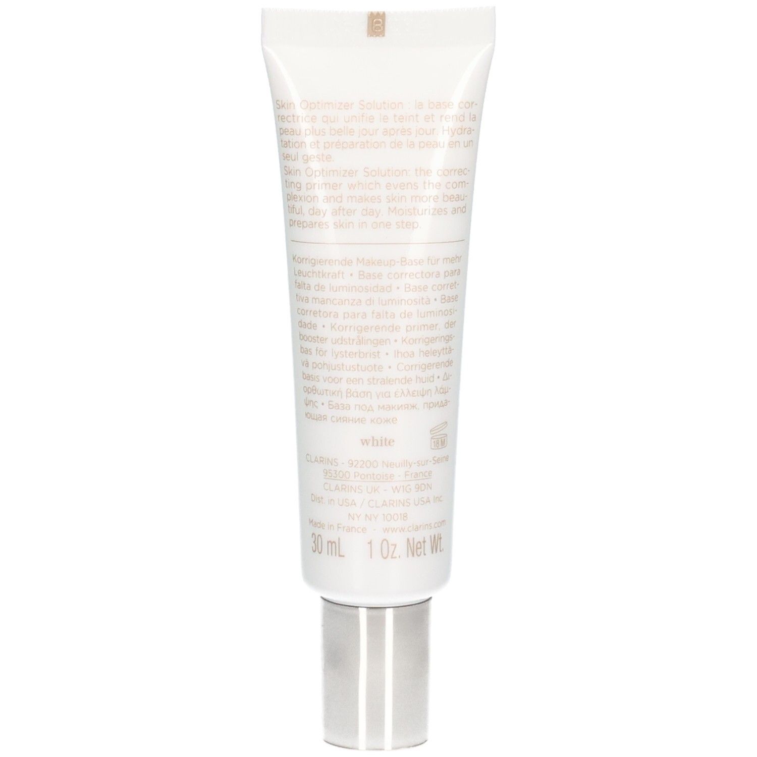 Weiße Tube mit silbernem Verschluss, 30 ml.
