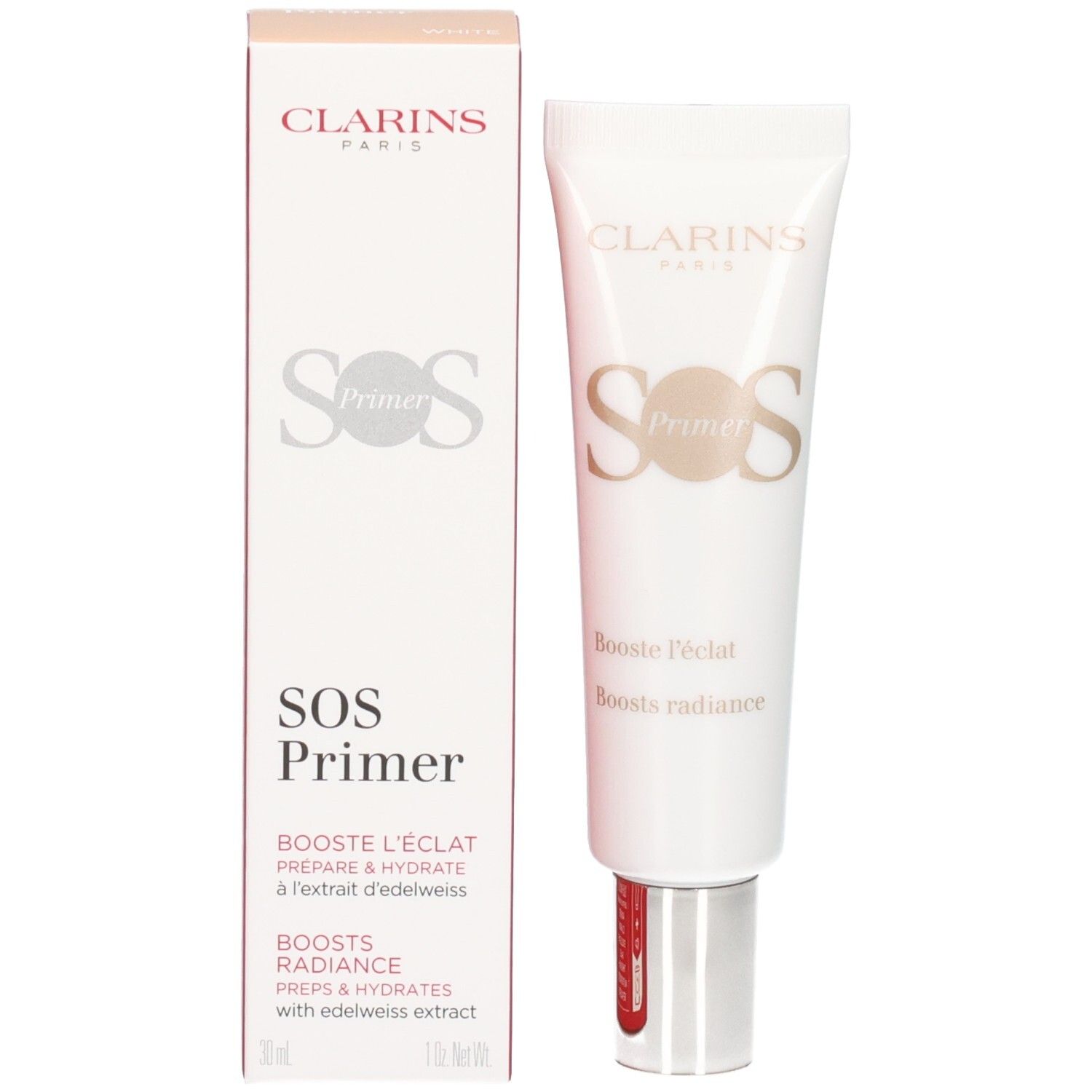 Clarins SOS Primer in weißer Tube mit silbernem Verschluss. Kartonverpackung daneben.