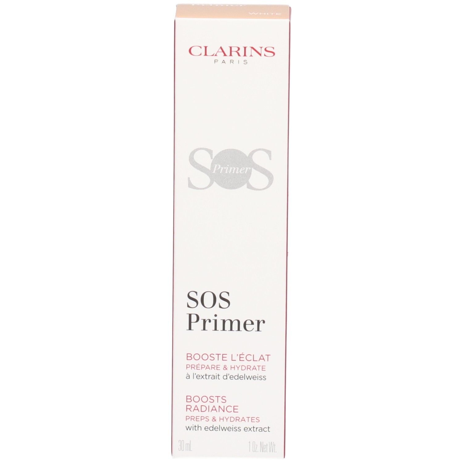 Clarins SOS Primer Umverpackung mit "SOS Primer" Schriftzug und Edelweißextrakt-Hinweis.