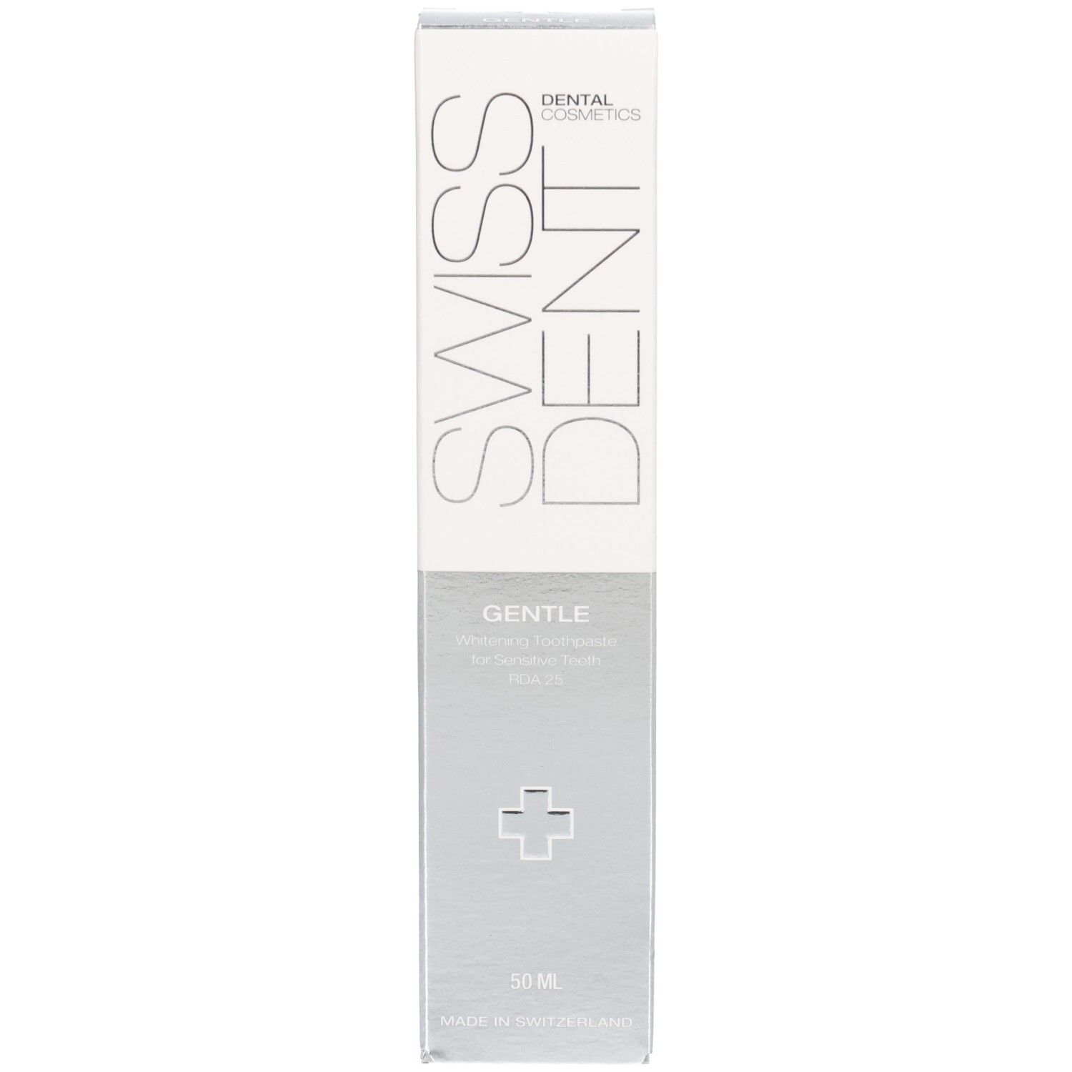Verpackung für Zahncreme. Aufschrift: SWISSDENT, GENTLE. Silberfarbenes Design. Kreuz-Symbol. 50 ml.