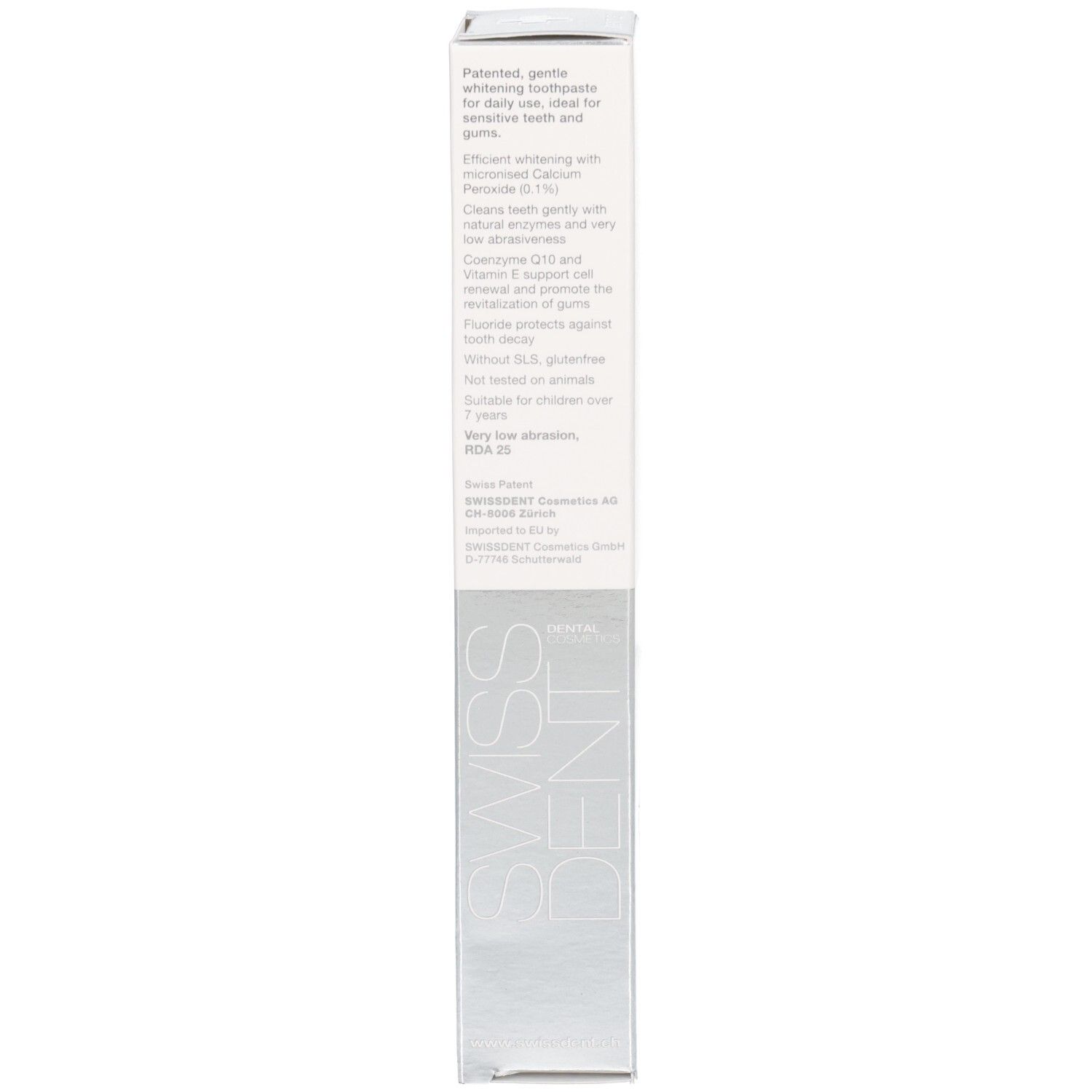 Verpackung, Rückseite. Text in mehreren Sprachen. Aufschrift: SWISSDENT. Enthält Informationen zum Produkt.