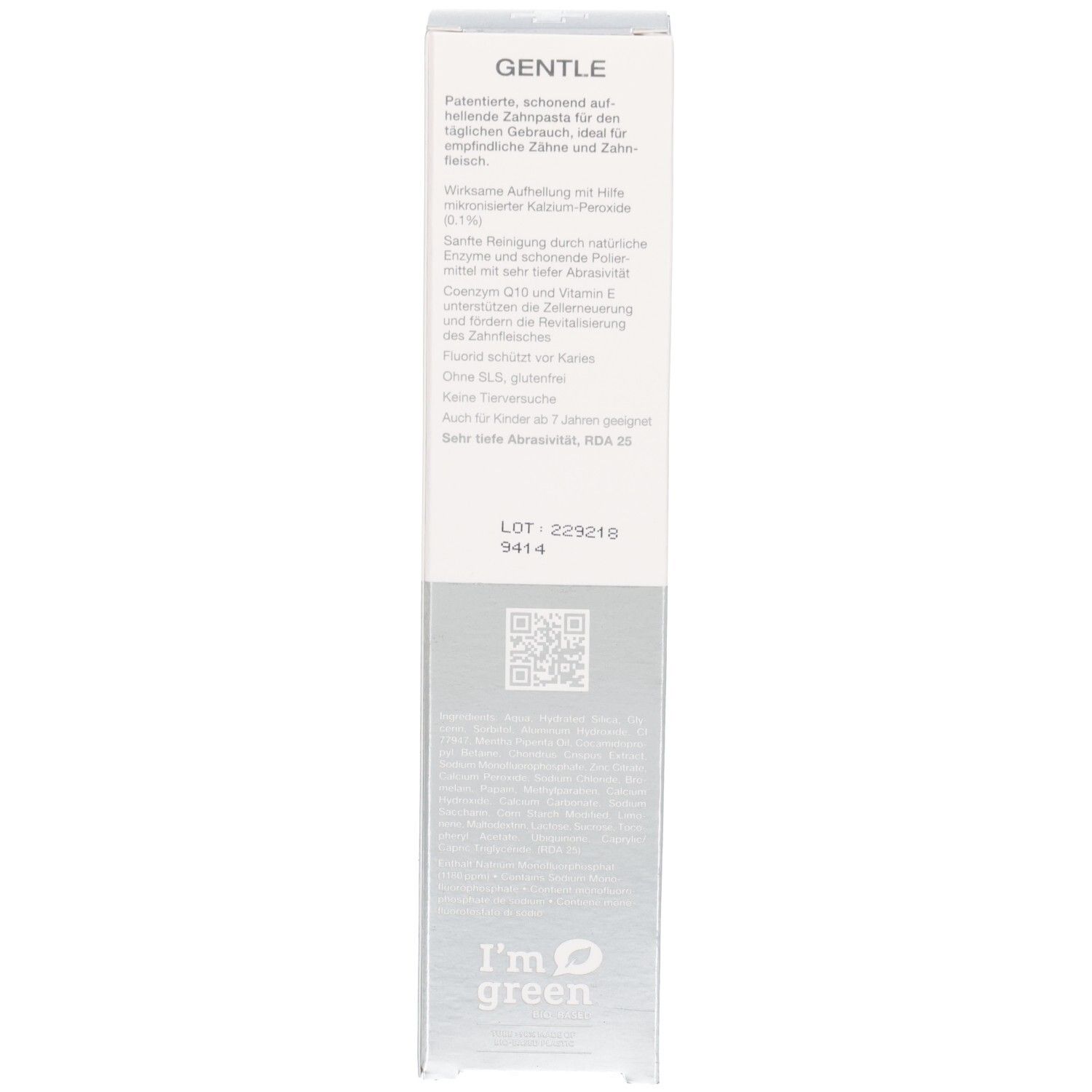 Verpackung, Rückseite. Text in mehreren Sprachen. Aufschrift: GENTLE. I'm green. Enthält Informationen zum Produkt.