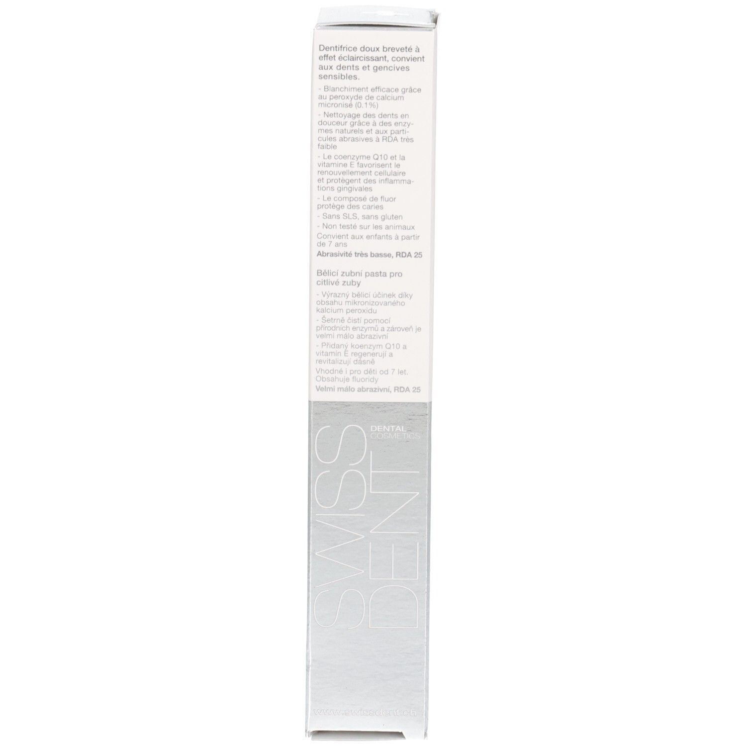 Verpackung, Rückseite. Text in mehreren Sprachen. Aufschrift: SWISSDENT. Enthält Informationen zum Produkt.