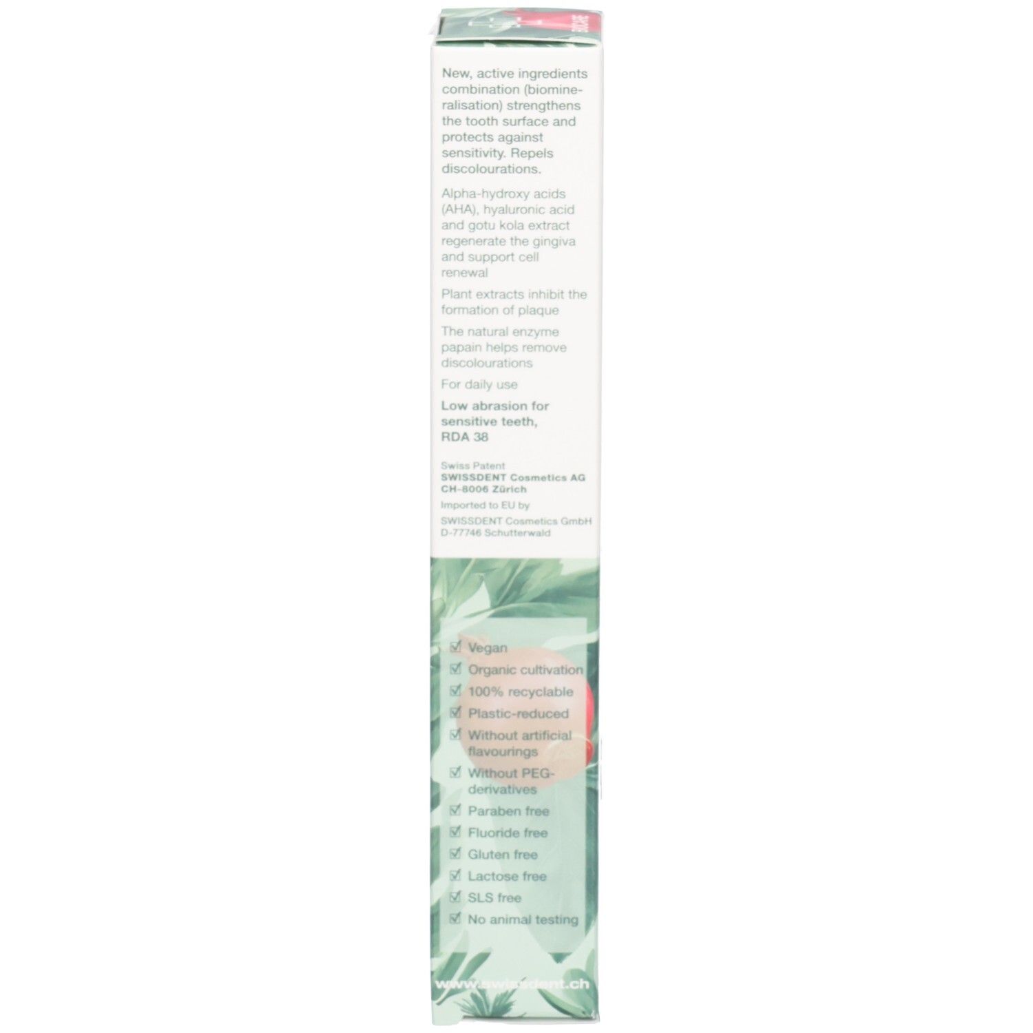 Rückseite der Zahncreme-Schachtel. Textinformationen, Inhaltsstoffe und Zertifizierungen. Grün-weißes Design.