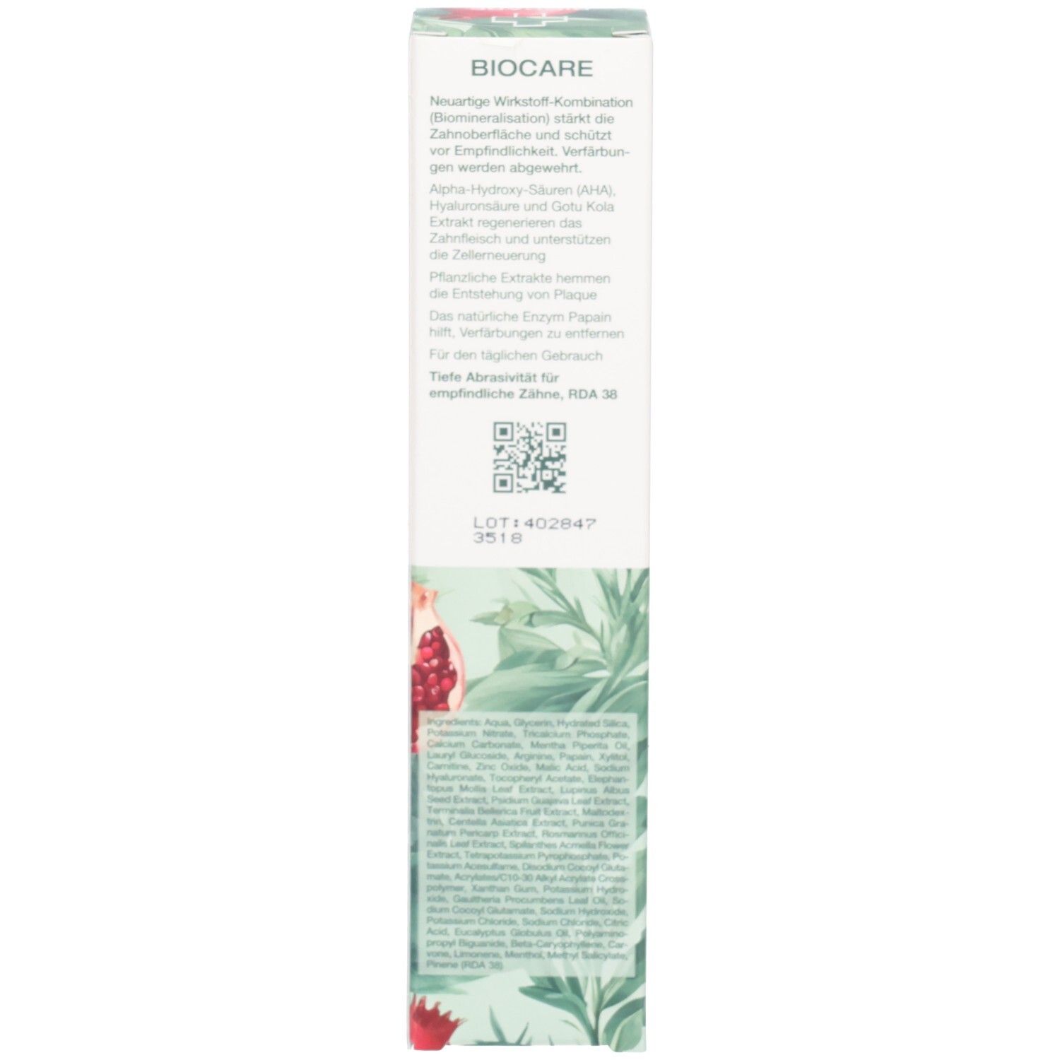 Rückseite der Zahncreme-Schachtel. Textinformationen, Inhaltsstoffe und Zertifizierungen. Grün-weißes Design.